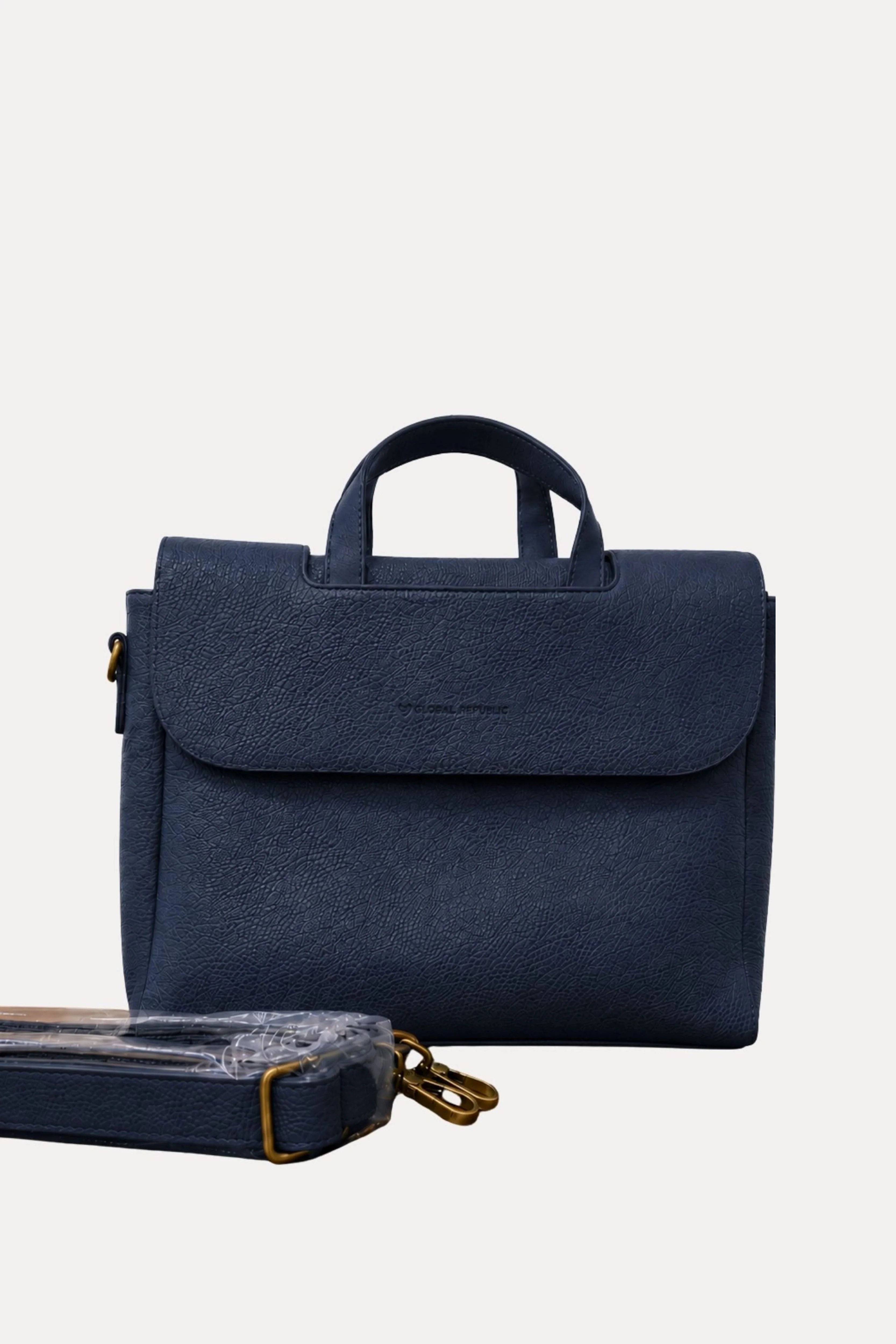 Navy Leather Laptop Briefcase-Global Republic