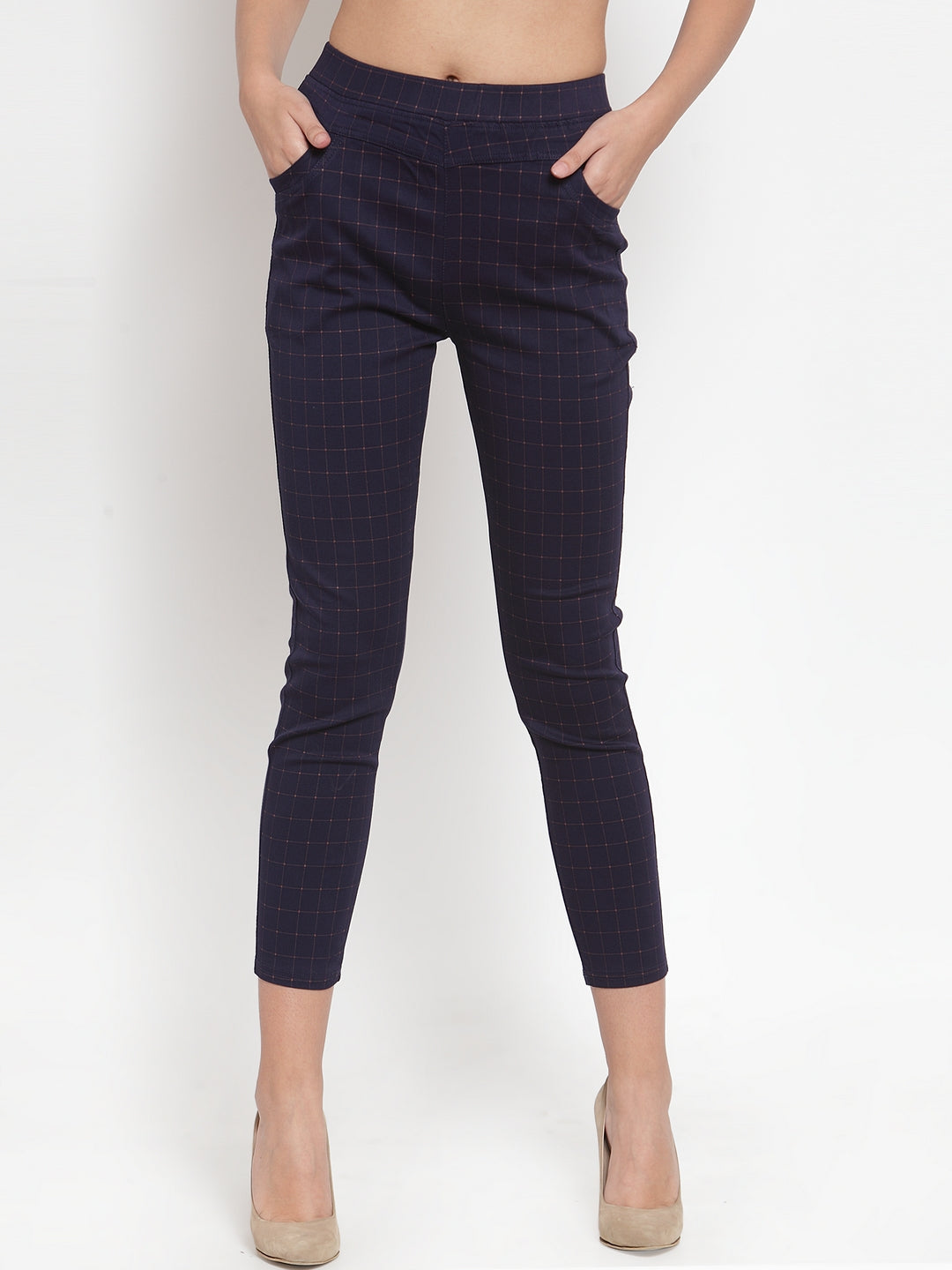 Women Navy Blue Ankle Length Checked Stretchable Jegging - Global Republic #