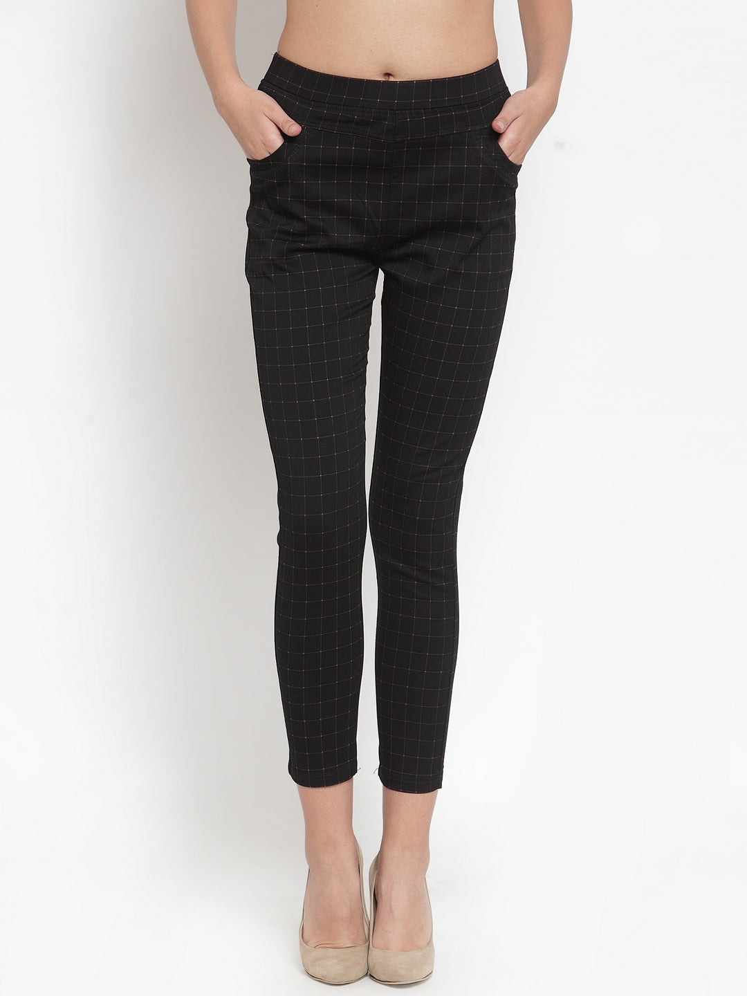 Women Checked Mid Rise Black Stretchable Jegging