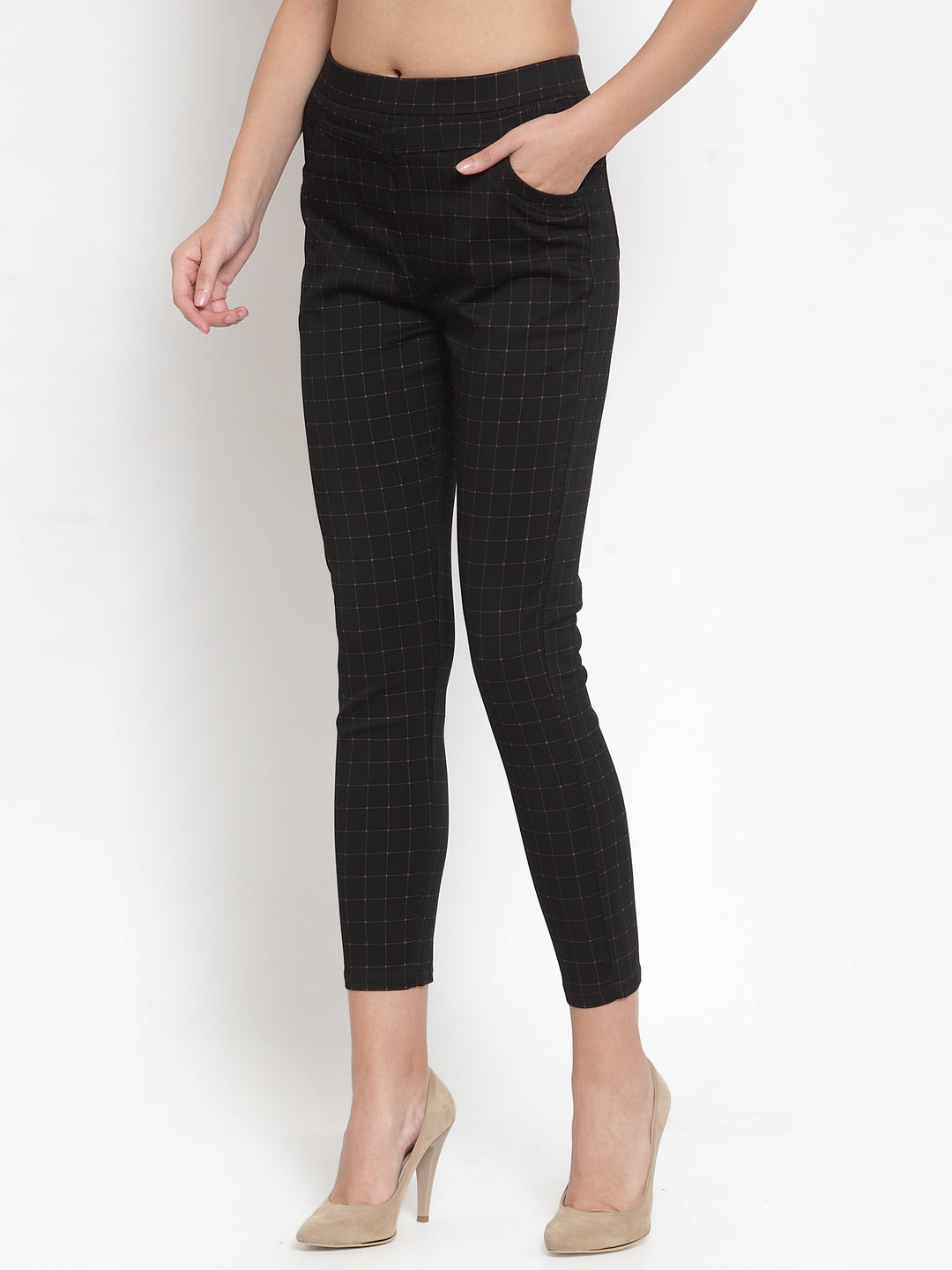 Women Checked Mid Rise Black Stretchable Jegging - Global Republic #