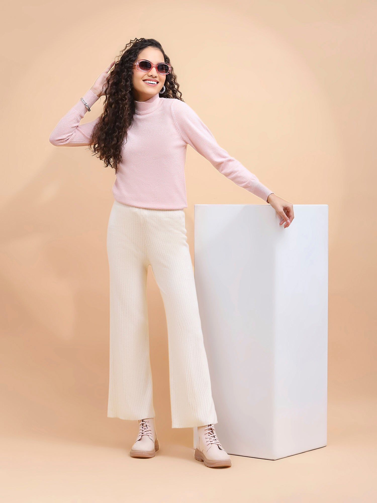 Pink Silver Turtle Neck Skivvy Top