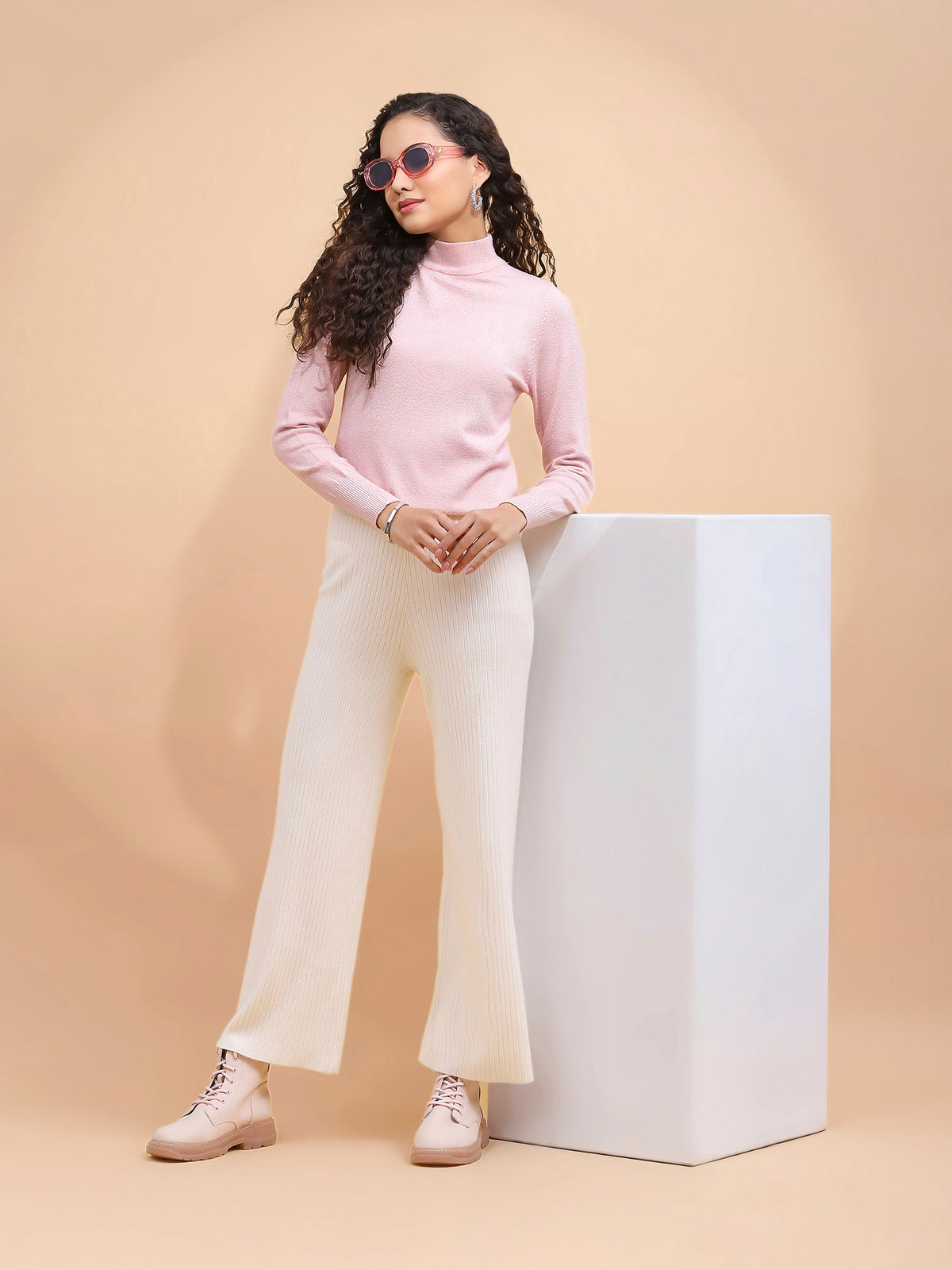 Pink Silver Turtle Neck Skivvy Top