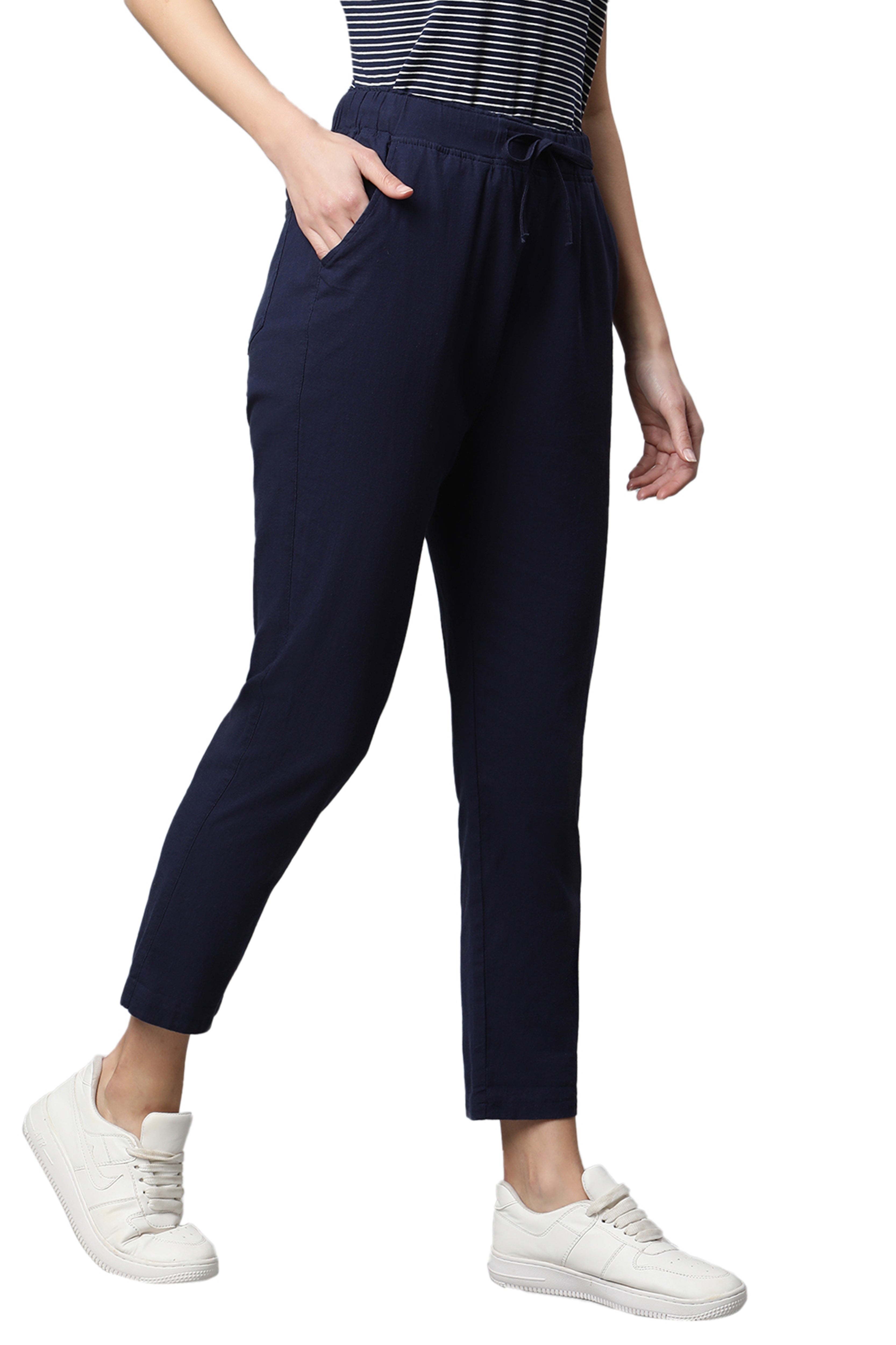 Navy Blue Cotton Regular Fit Lower