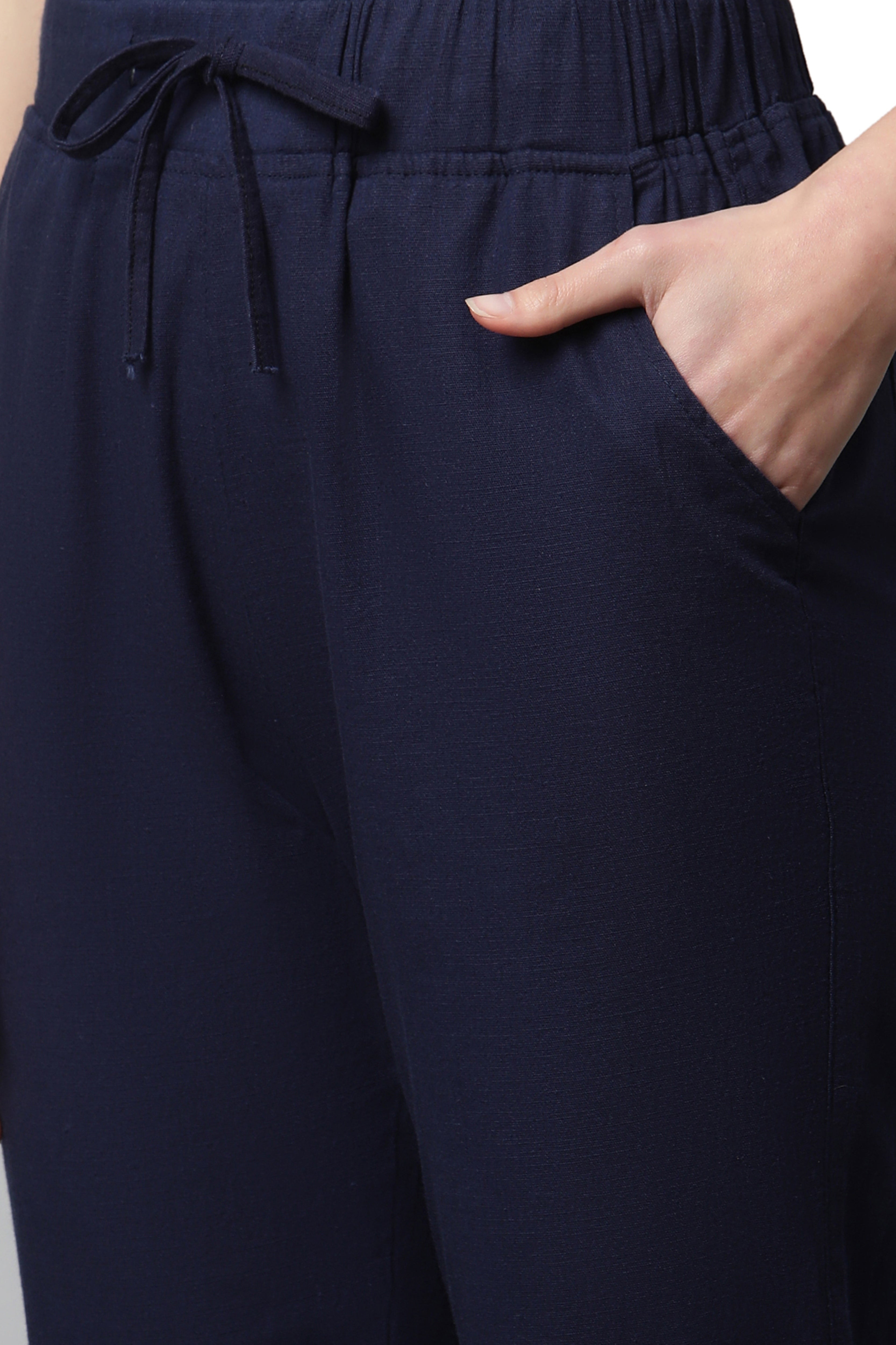 Navy Blue Cotton Regular Fit Lower