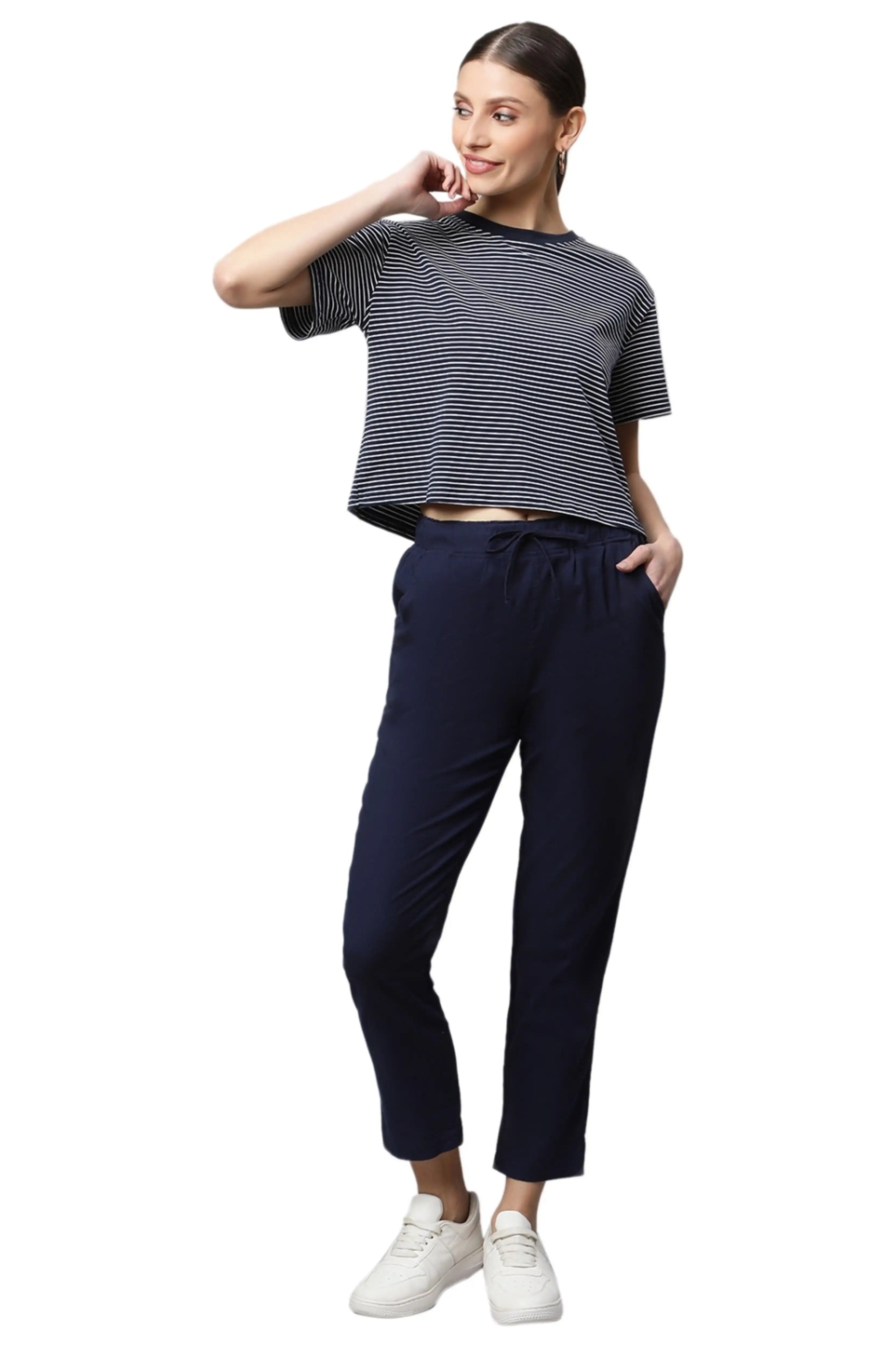 Navy Blue Cotton Regular Fit Lower