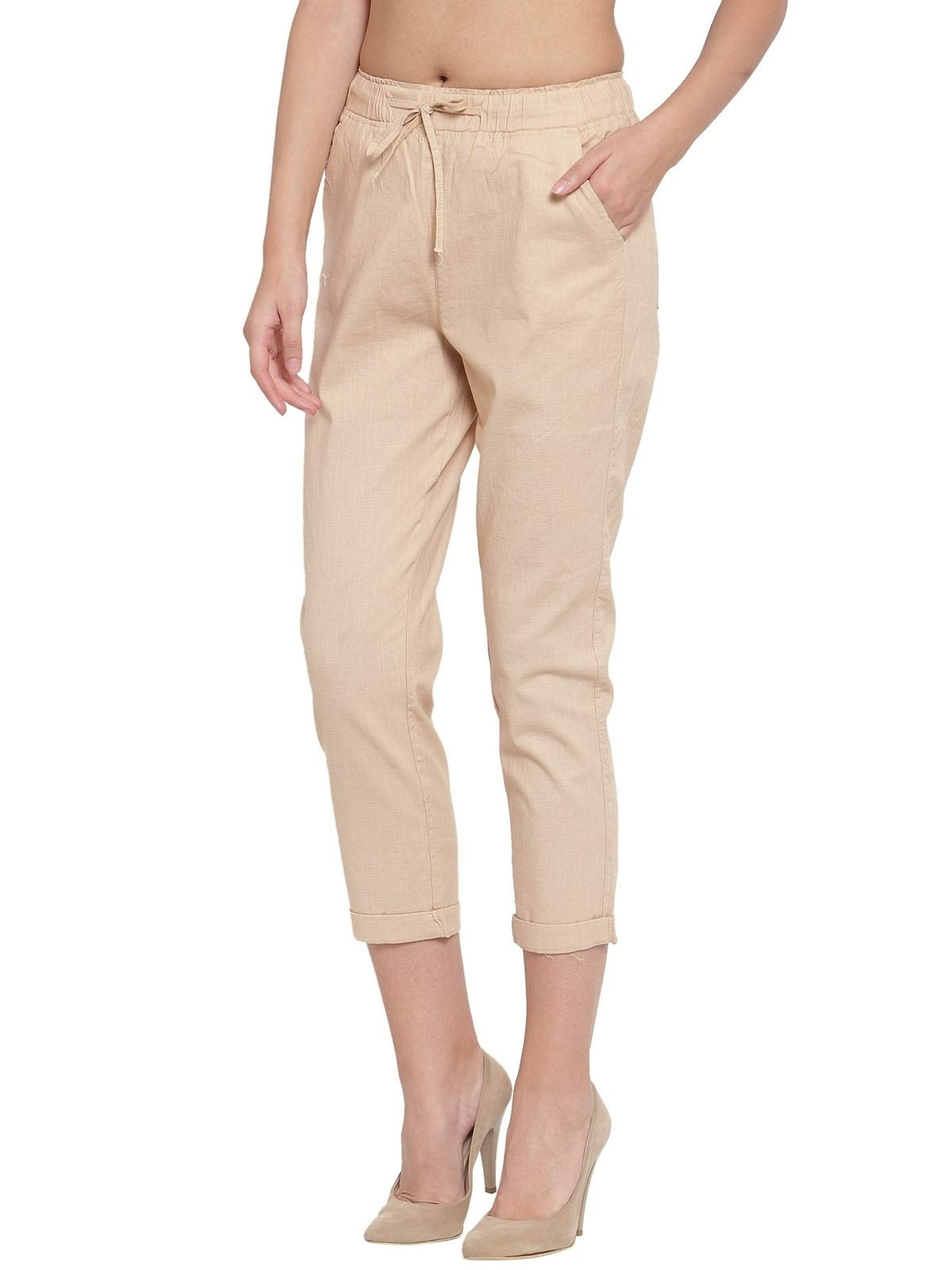 Beige Ankle Length Cotton Lower
