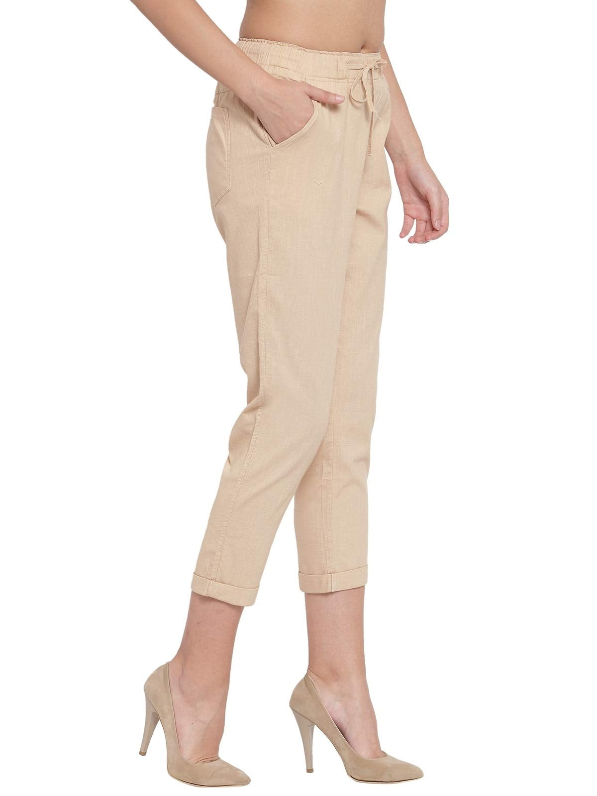 Beige Ankle Length Cotton Lower