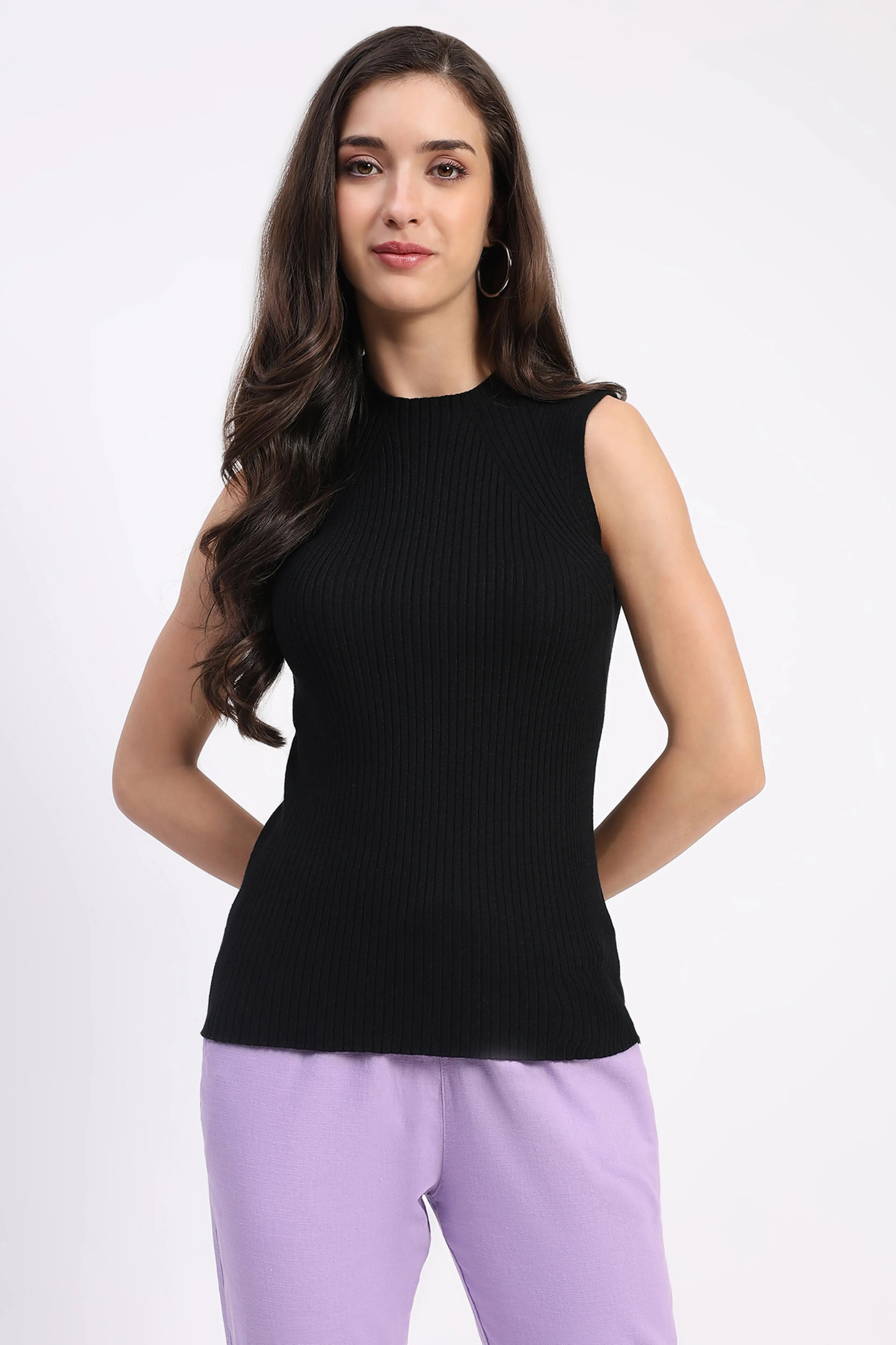 Black Stretchable Knit Skivvy Top
