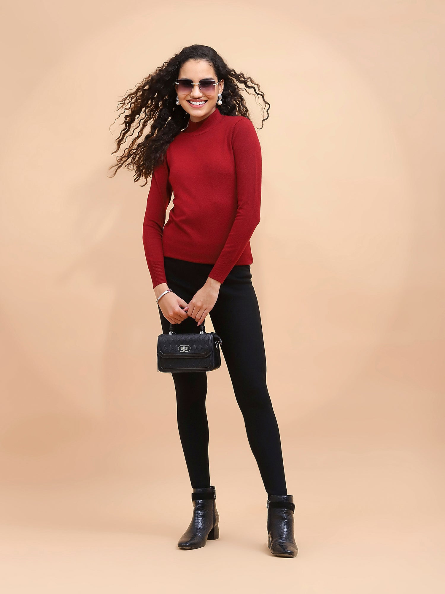 Women Wine Turtle Neck Full Sleeve Snug Fit Skivvy - Global Republic