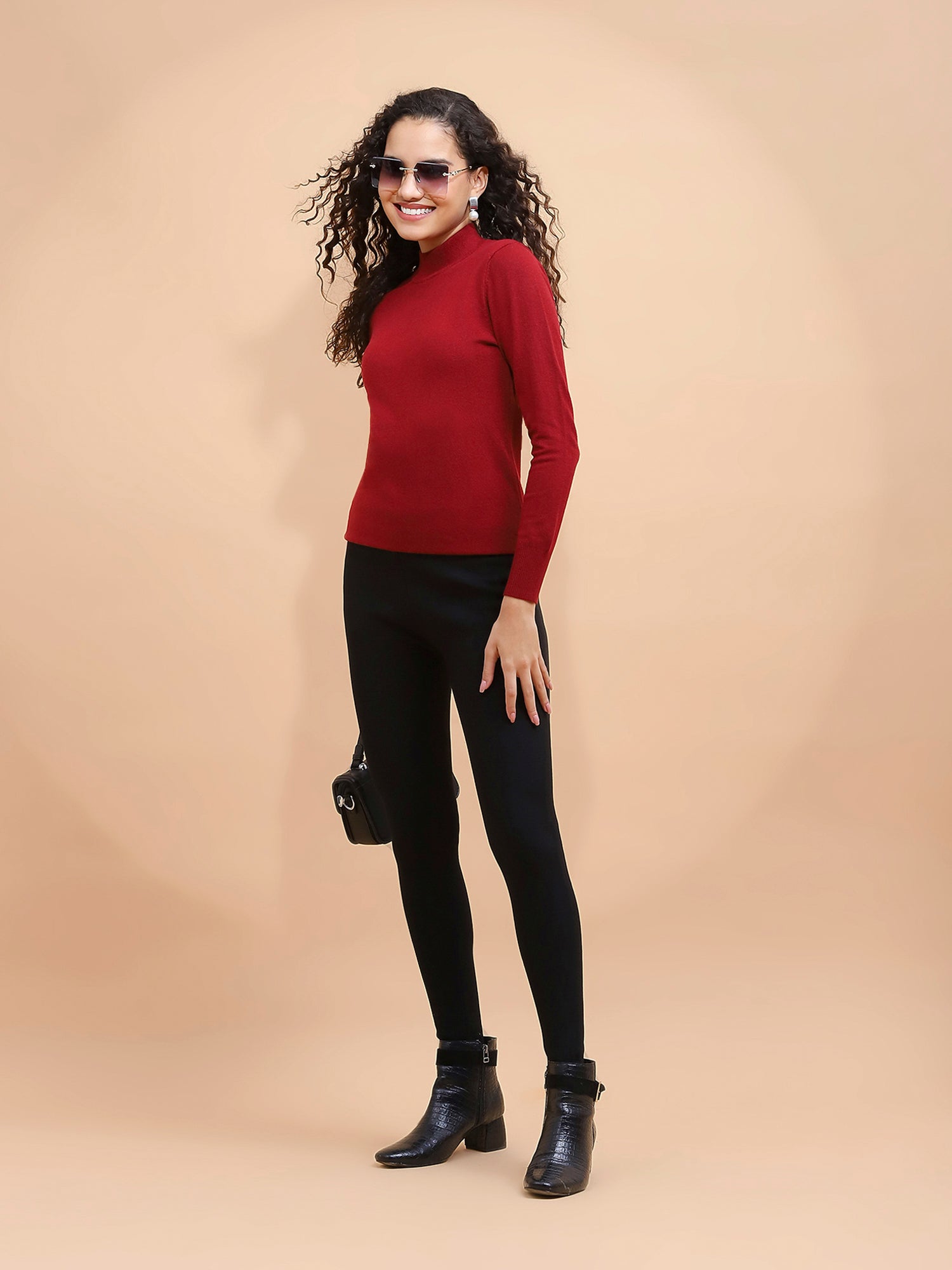 Women Wine Turtle Neck Full Sleeve Snug Fit Skivvy - Global Republic