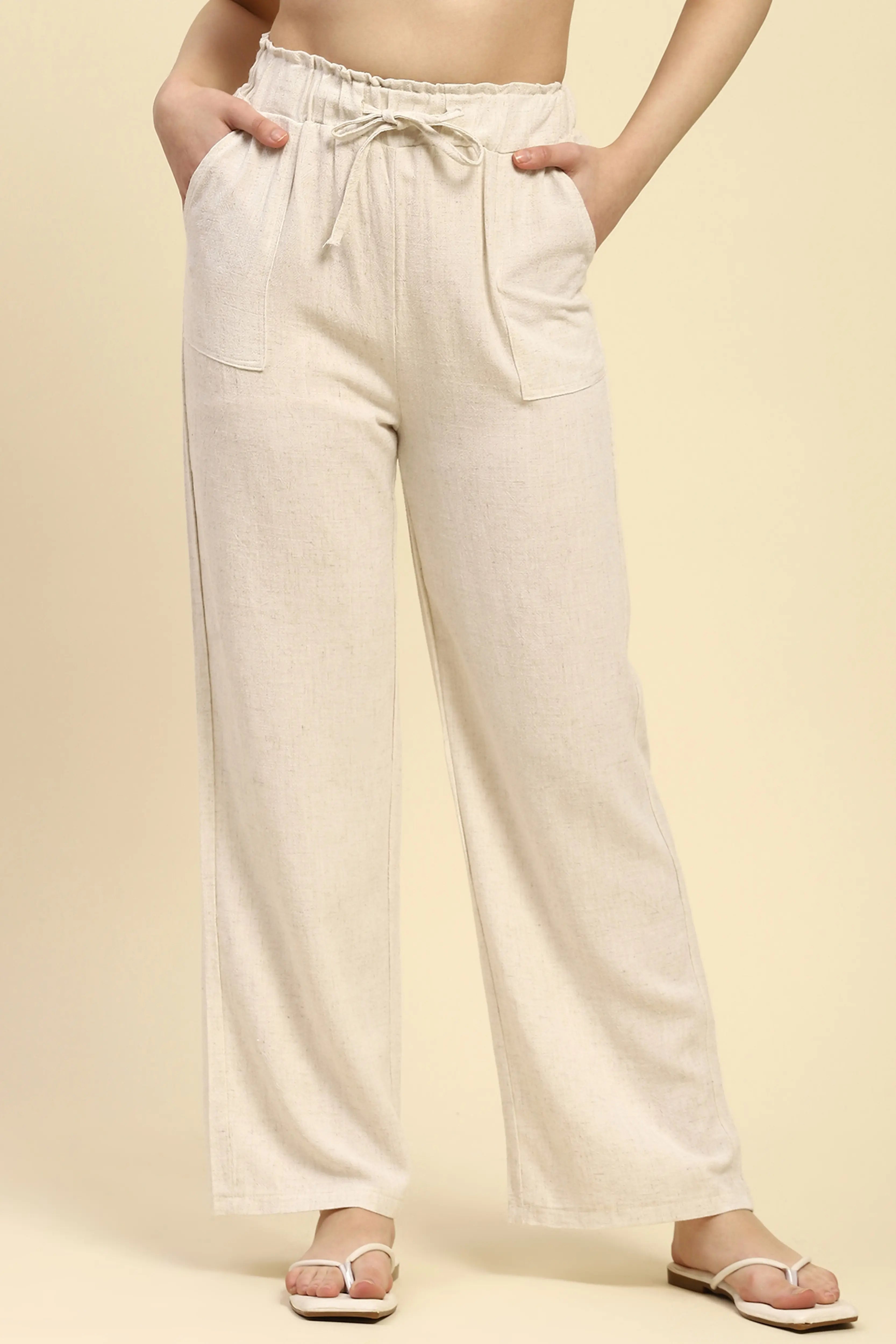 Natural Beige Solid Relaxed Fit Lower - Global Republic