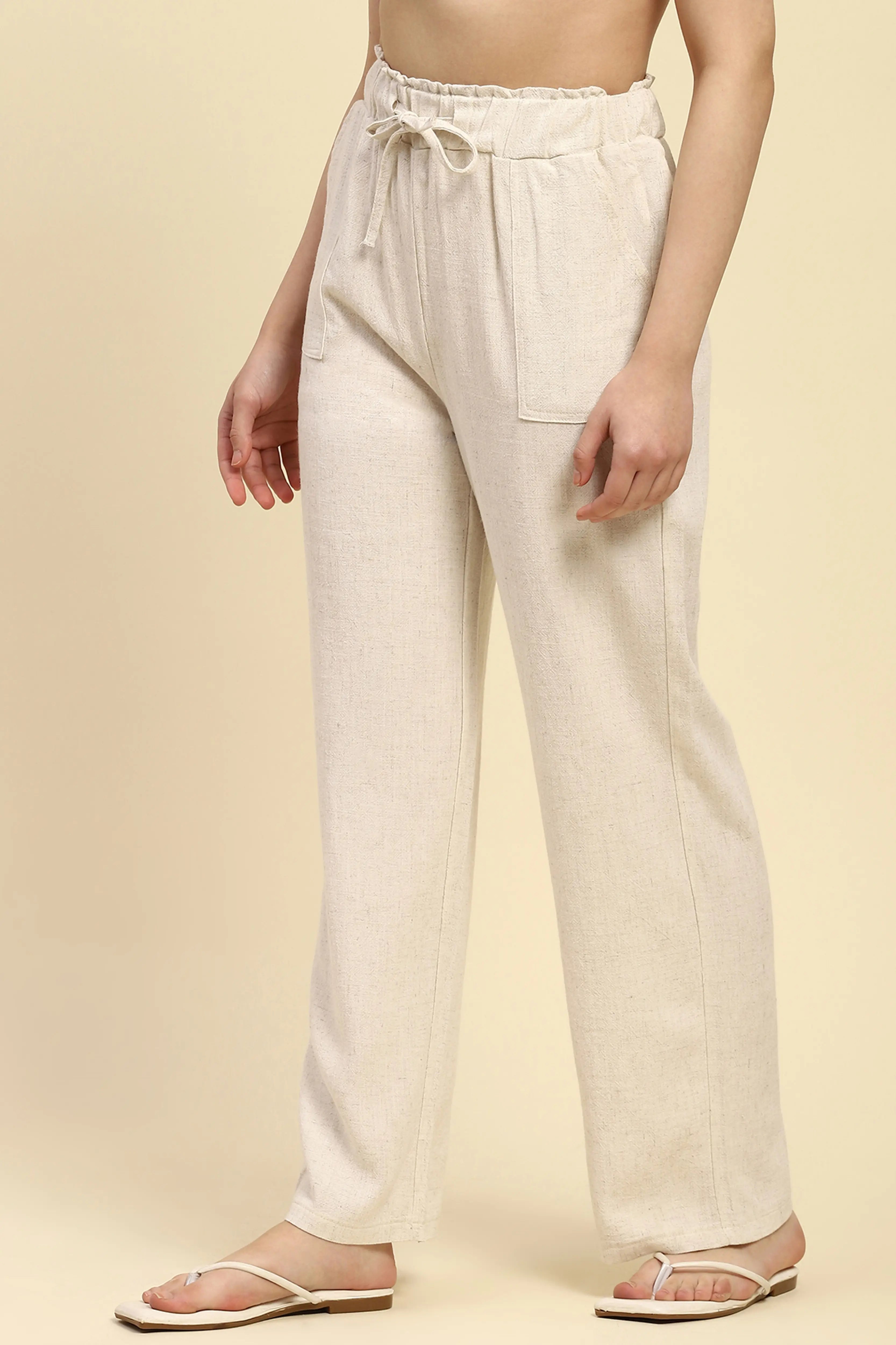 Natural Beige Solid Relaxed Fit Lower - Global Republic