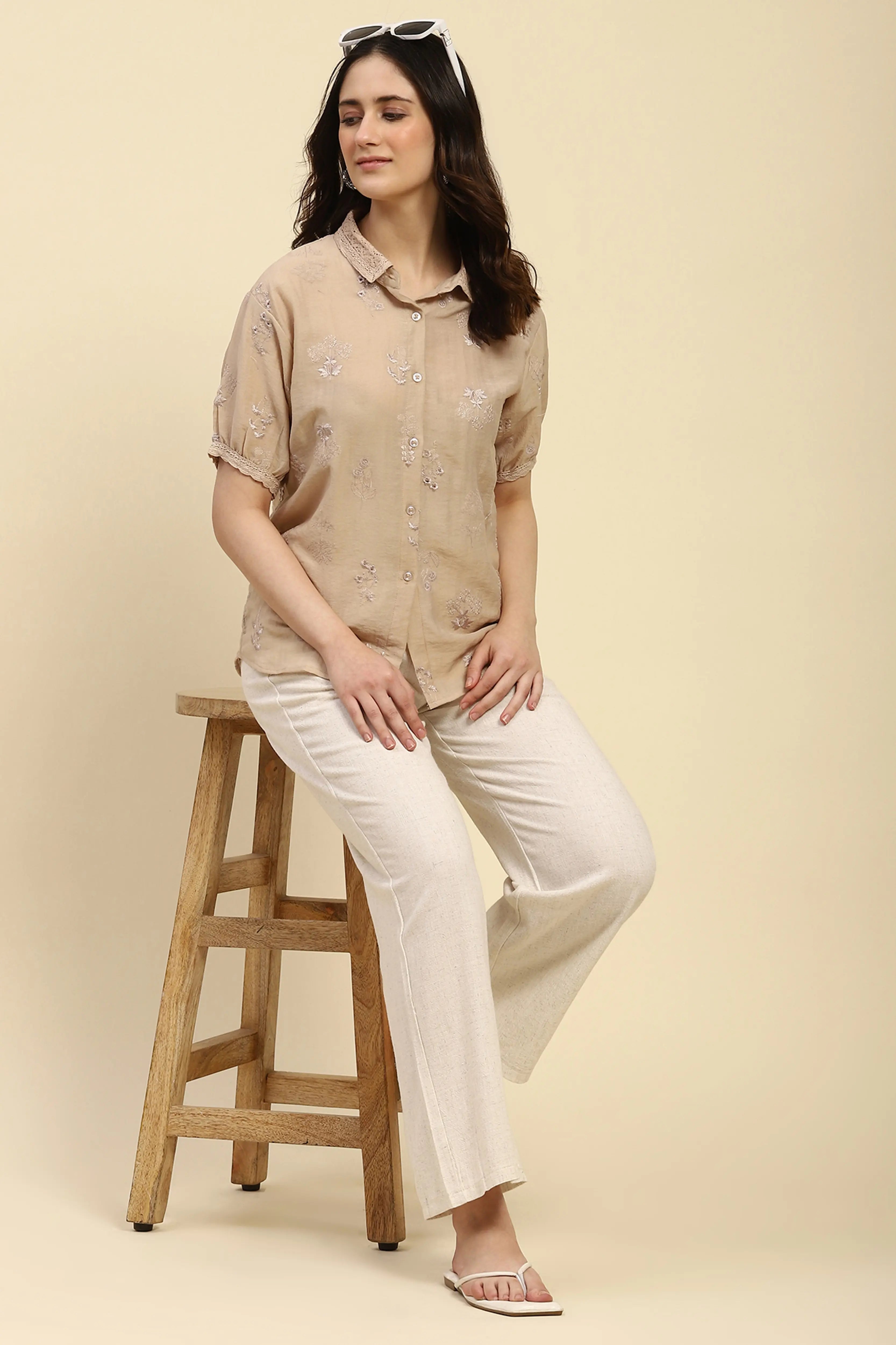 Natural Beige Solid Relaxed Fit Lower