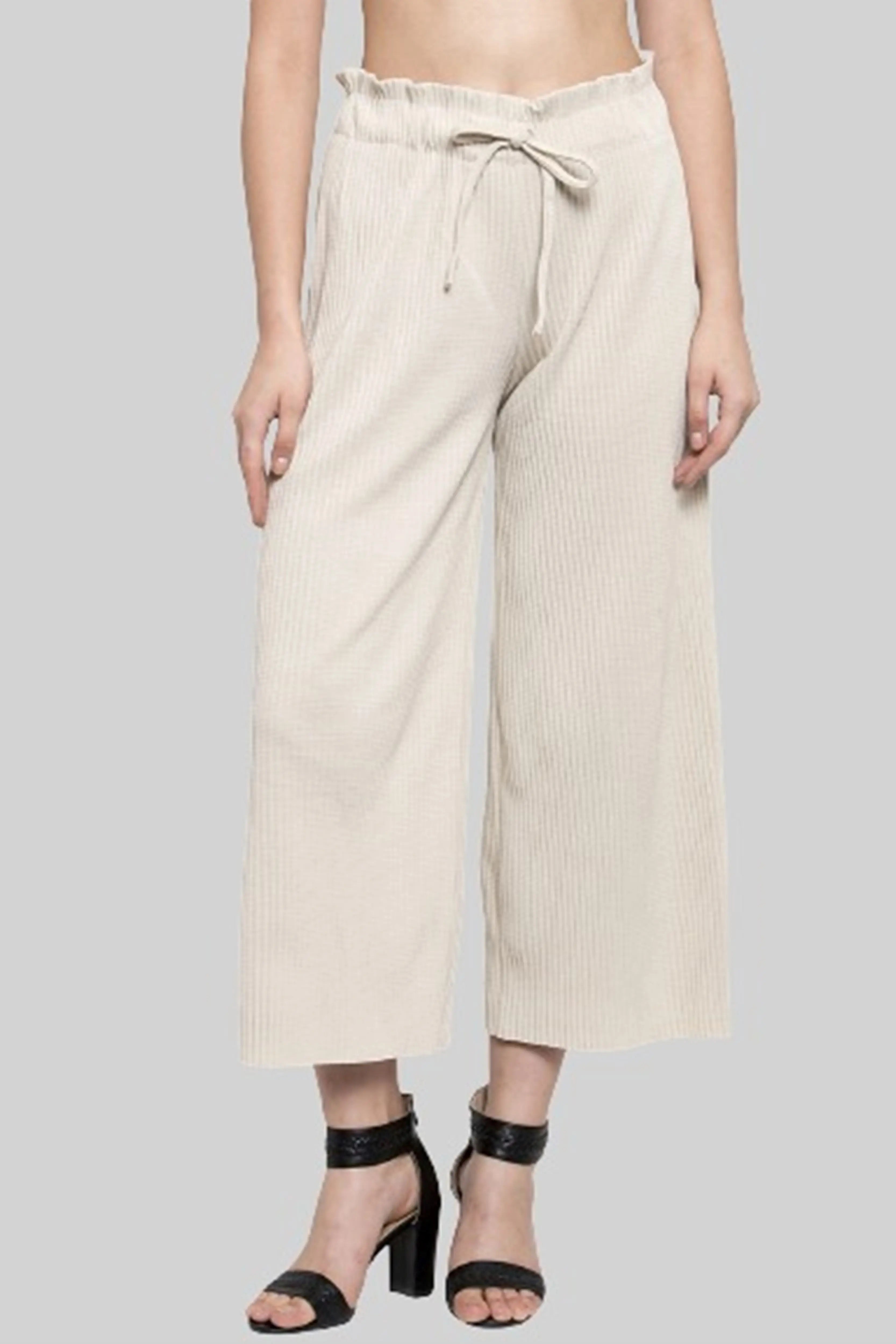 Women Beige Loose Fit Rib Knitted Ankle Length Lower - Global Republic