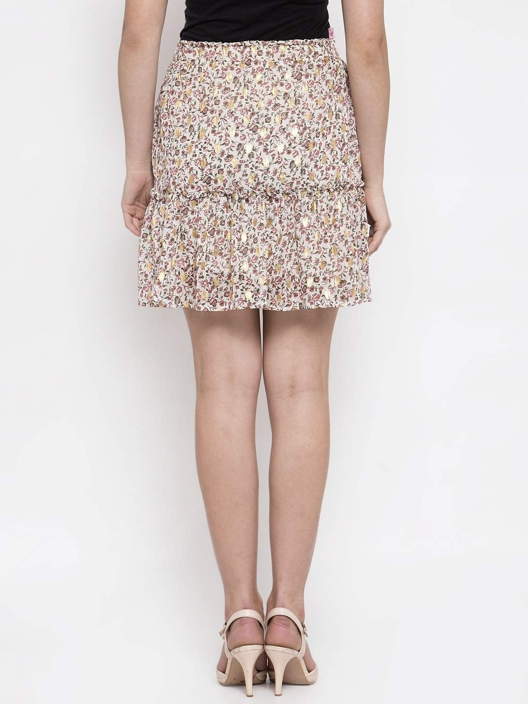 Women Cream Mini Skirt With Foil Print