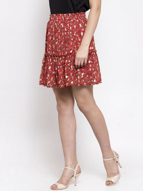 Women Red Foil Printed Mini Skirt