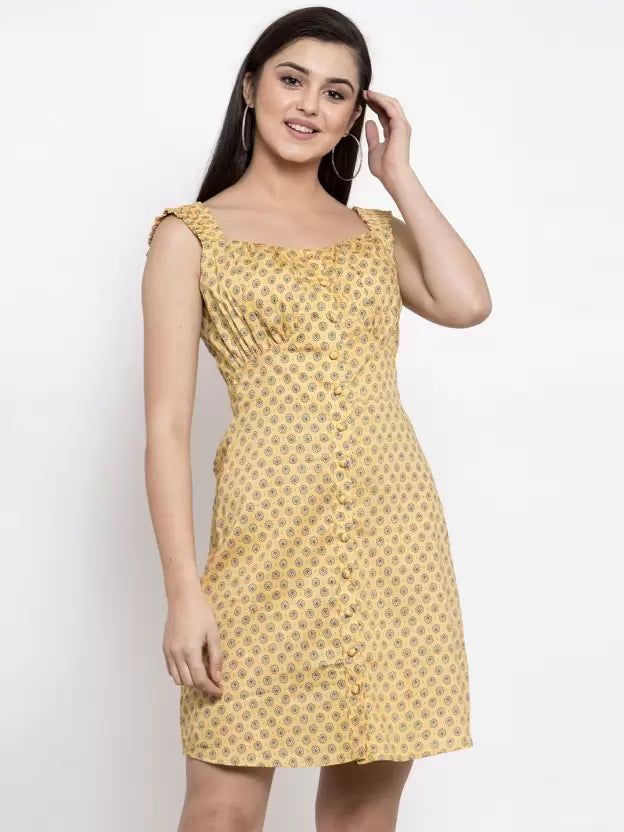 Women Mustard Printed Knee Length Dress