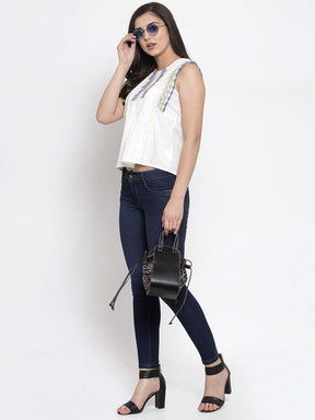 White Embroidered Sleeveless Top