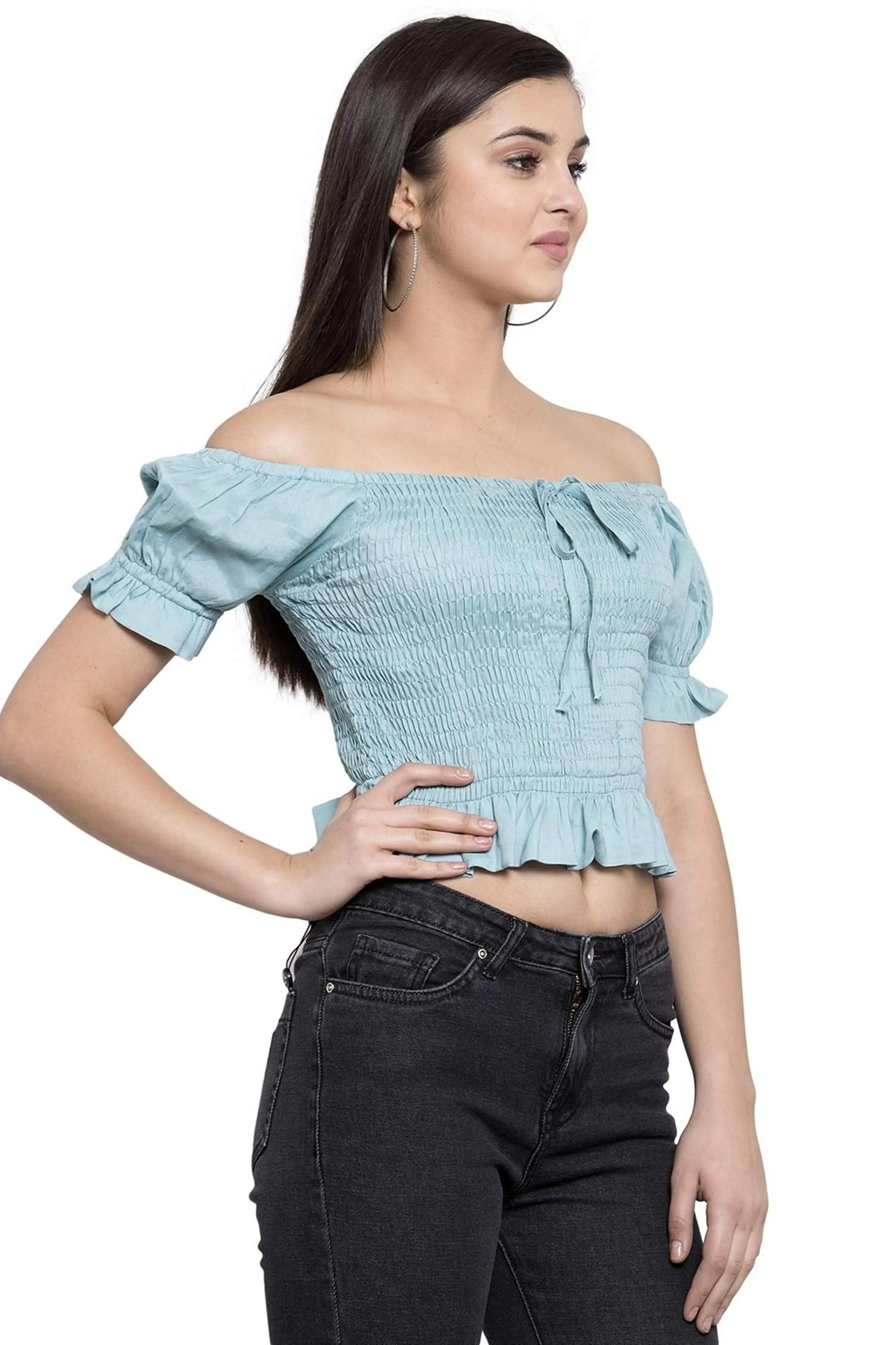 Off-Shoulder Top with drawstring knot at front - Global Republic