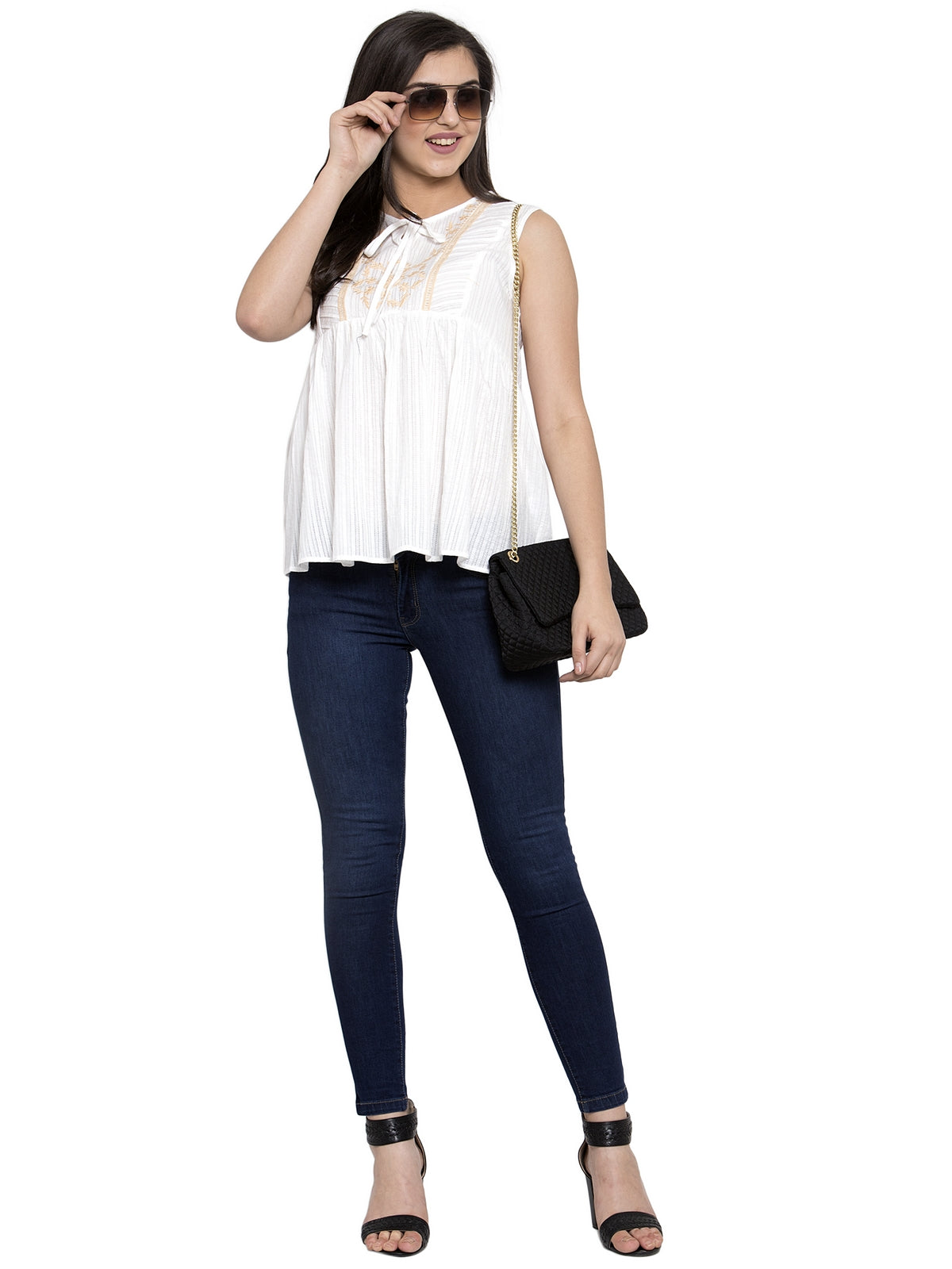 Women White Solid Sleeveless Loose Fit Blouson Top