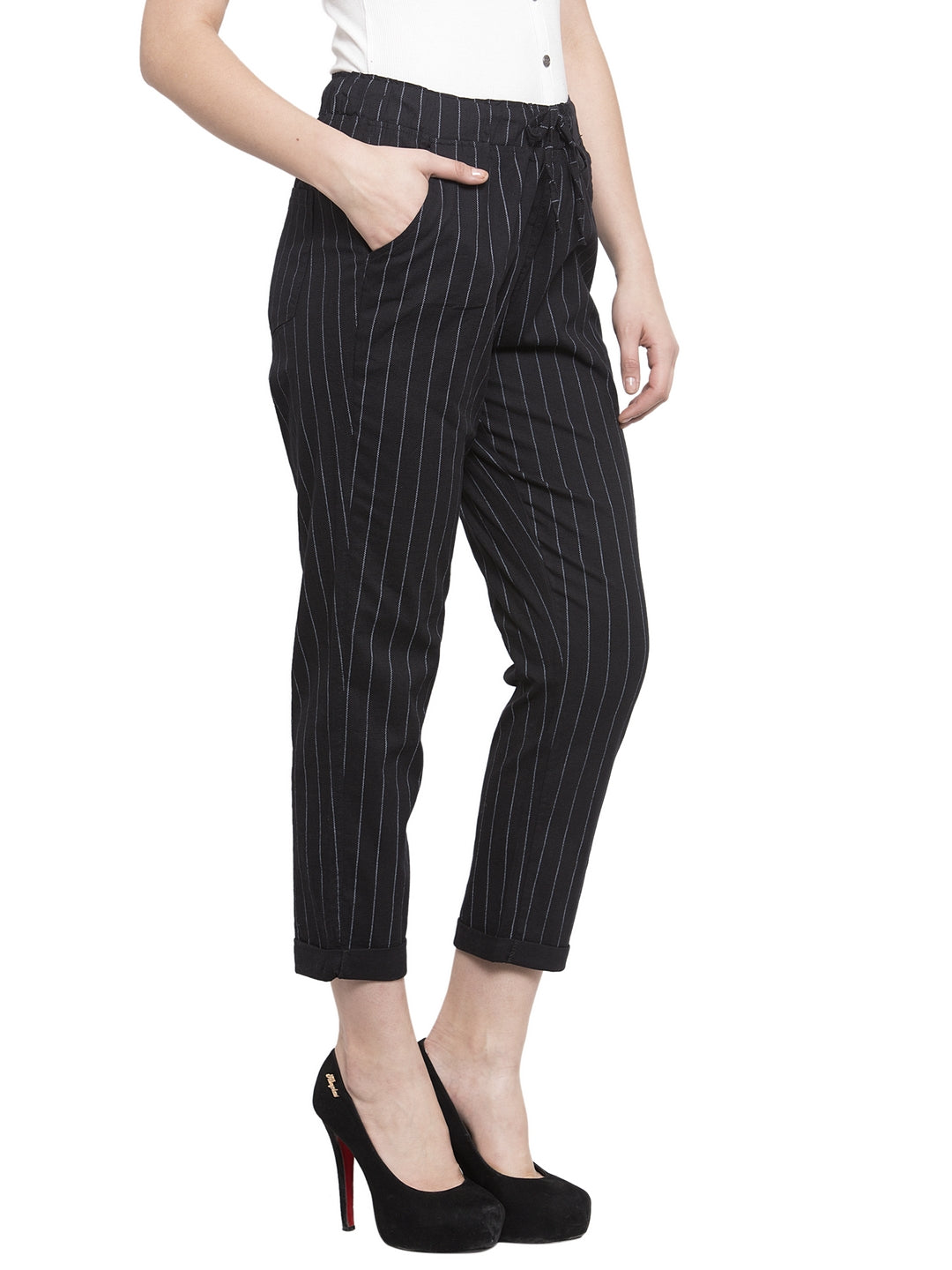 Black Striped Ankle Length Lower