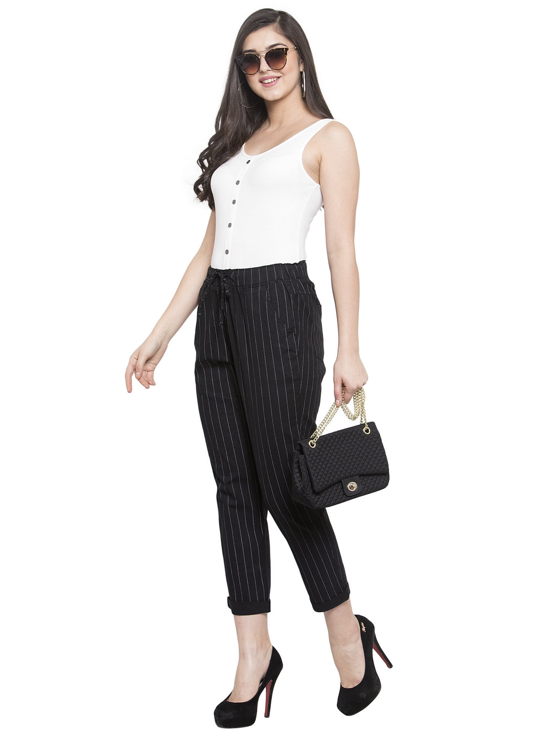 Black Striped Ankle Length Lower