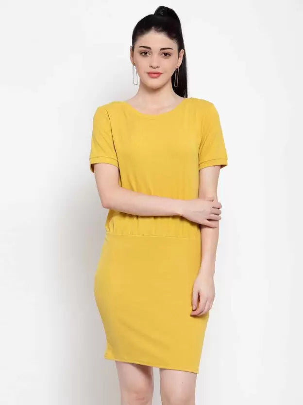 Women Mustard Solid Knee Length Dress