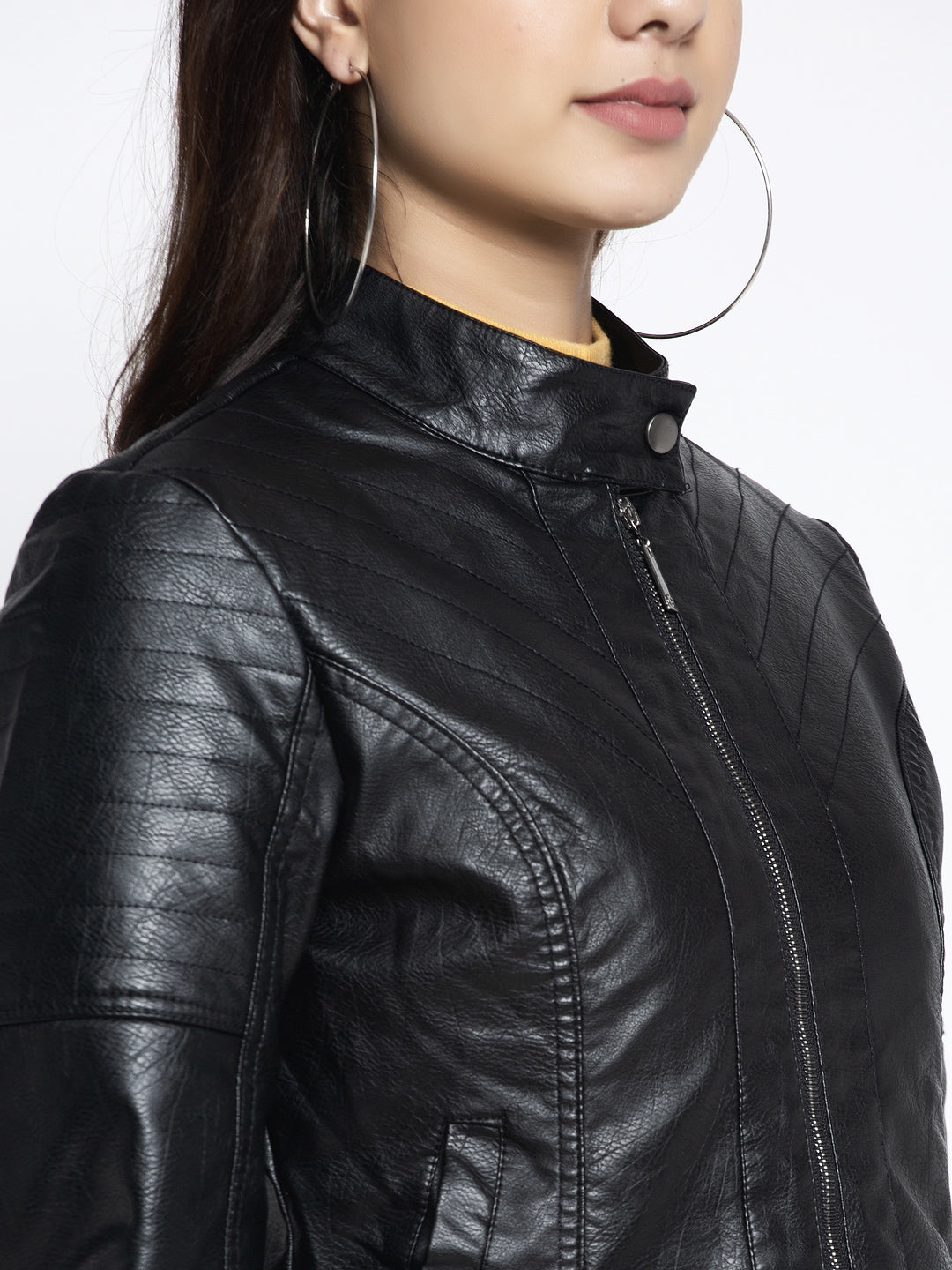 Women Black T- Neck Solid Jacket
