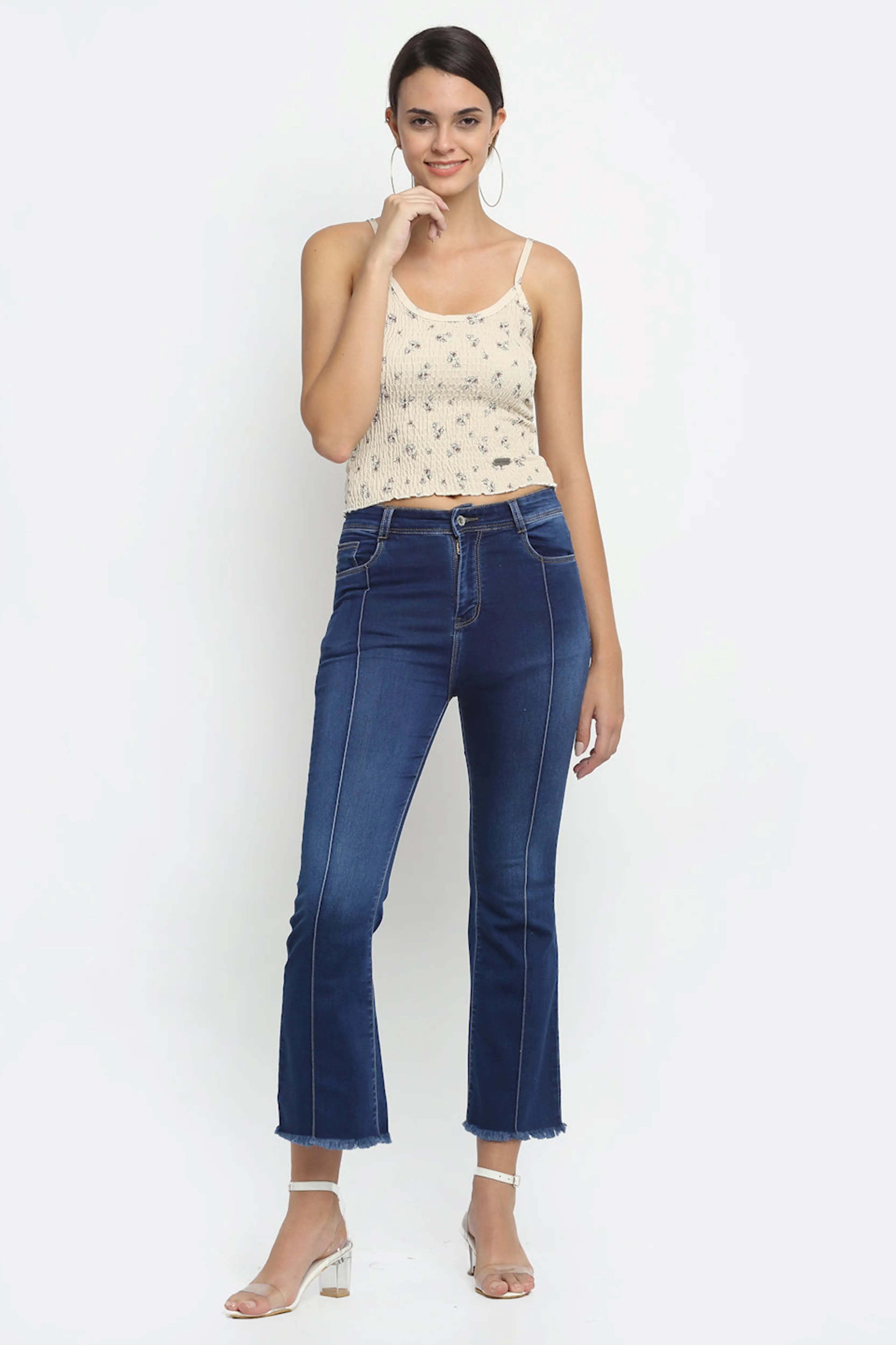 Women Bell Bottom Cropped Navy Blue Jeans - Global Republic
