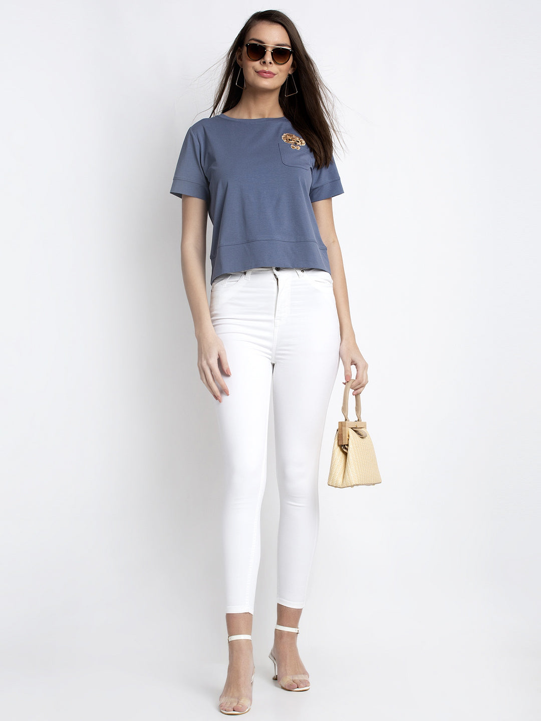 Women Blue Round Neck Solid T-Shirt