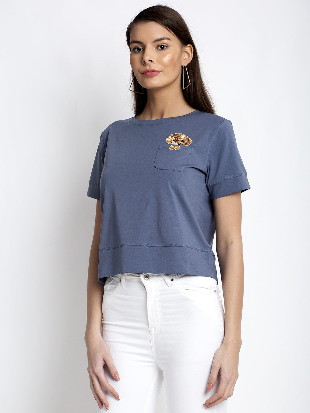 Women Blue Round Neck Solid T-Shirt