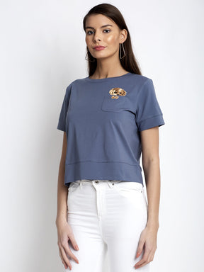 Women Blue Round Neck Solid T-Shirt