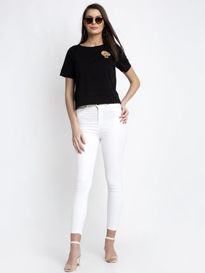 Women Black Round Neck Solid T-Shirt