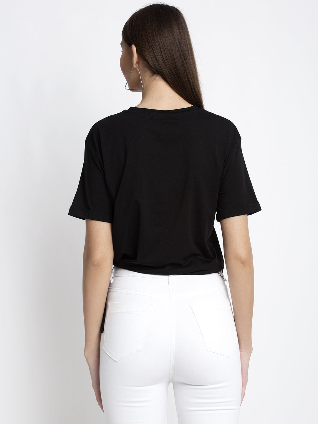 Women Black Crew Neck Solid Top