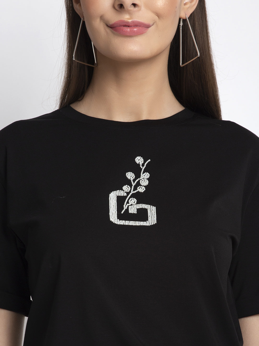 Women Black Crew Neck Solid Top