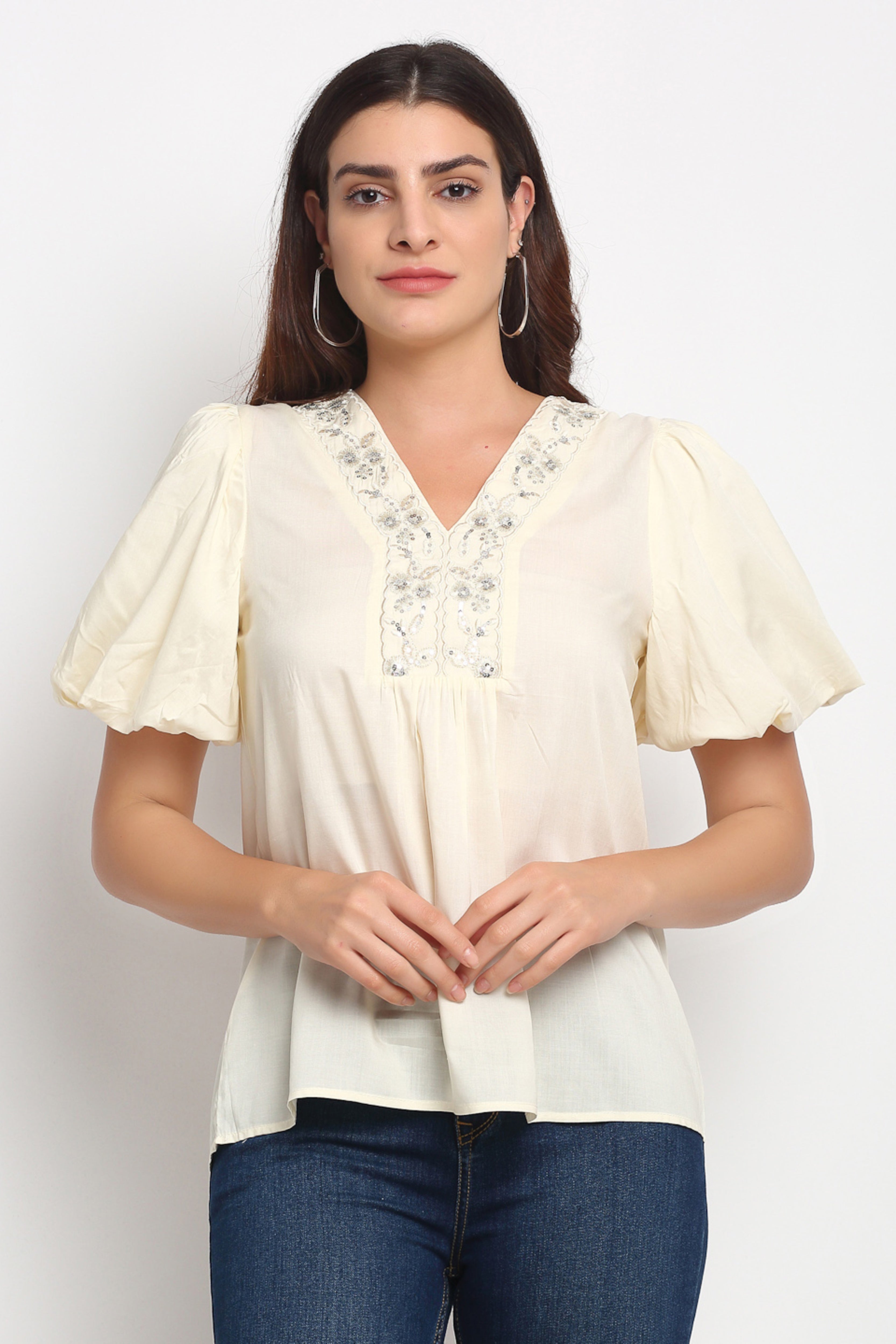 Beige V- Neck Regular Blouson Top