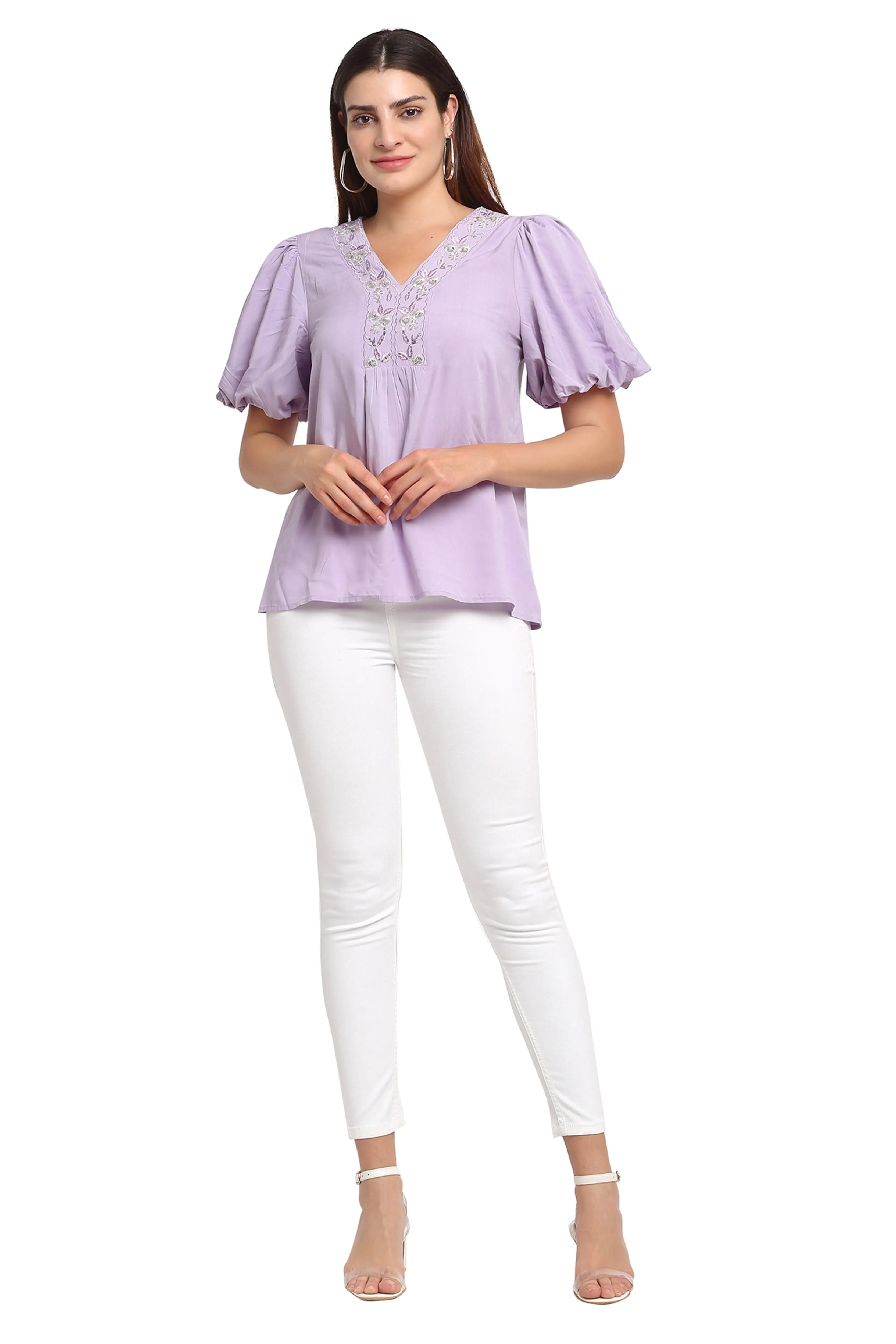 Women Purple Viscose Rayon Puffed Sleeves Top - Global Republic