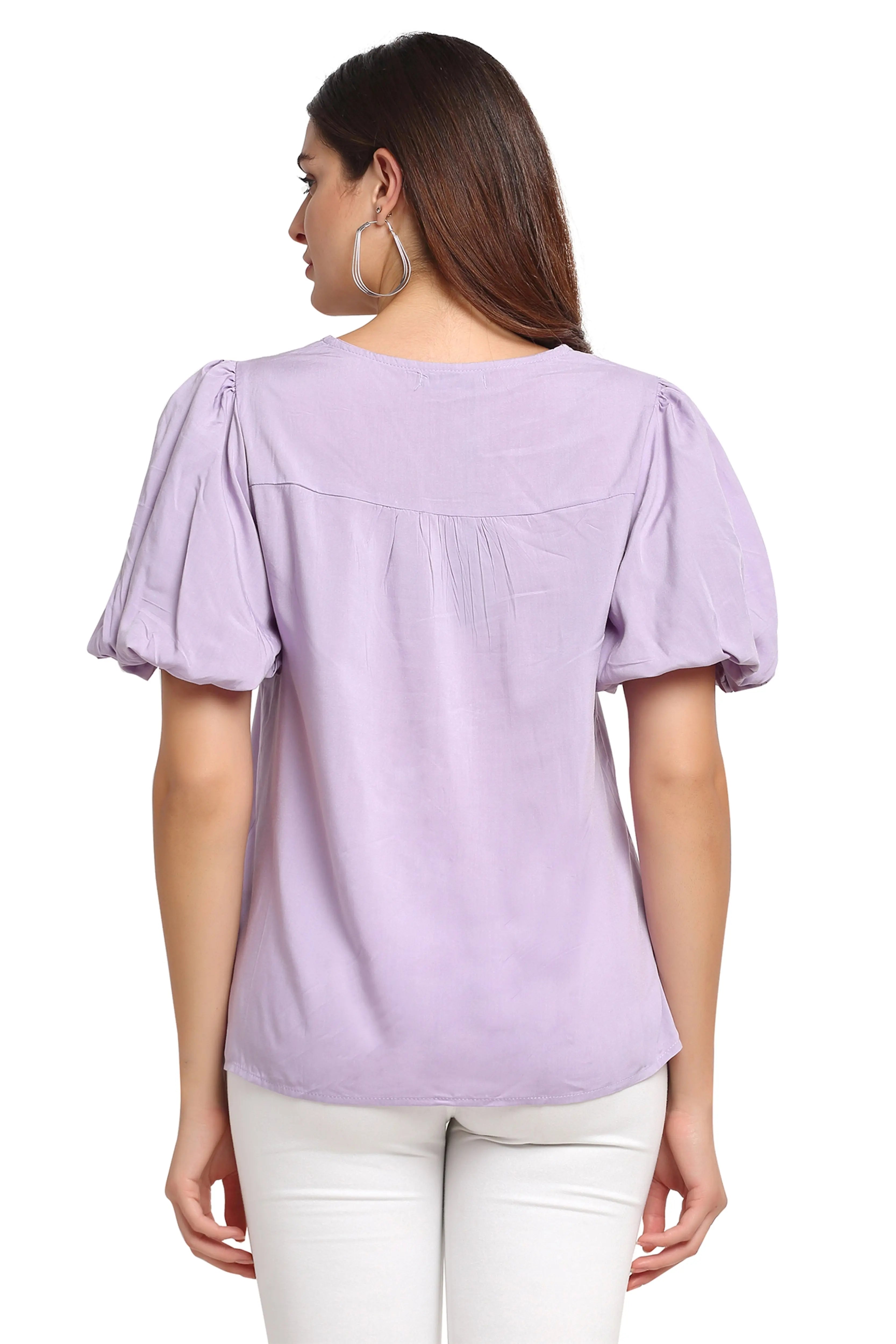 Purple Viscose Rayon Puffed Sleeves Top - Global Republic
