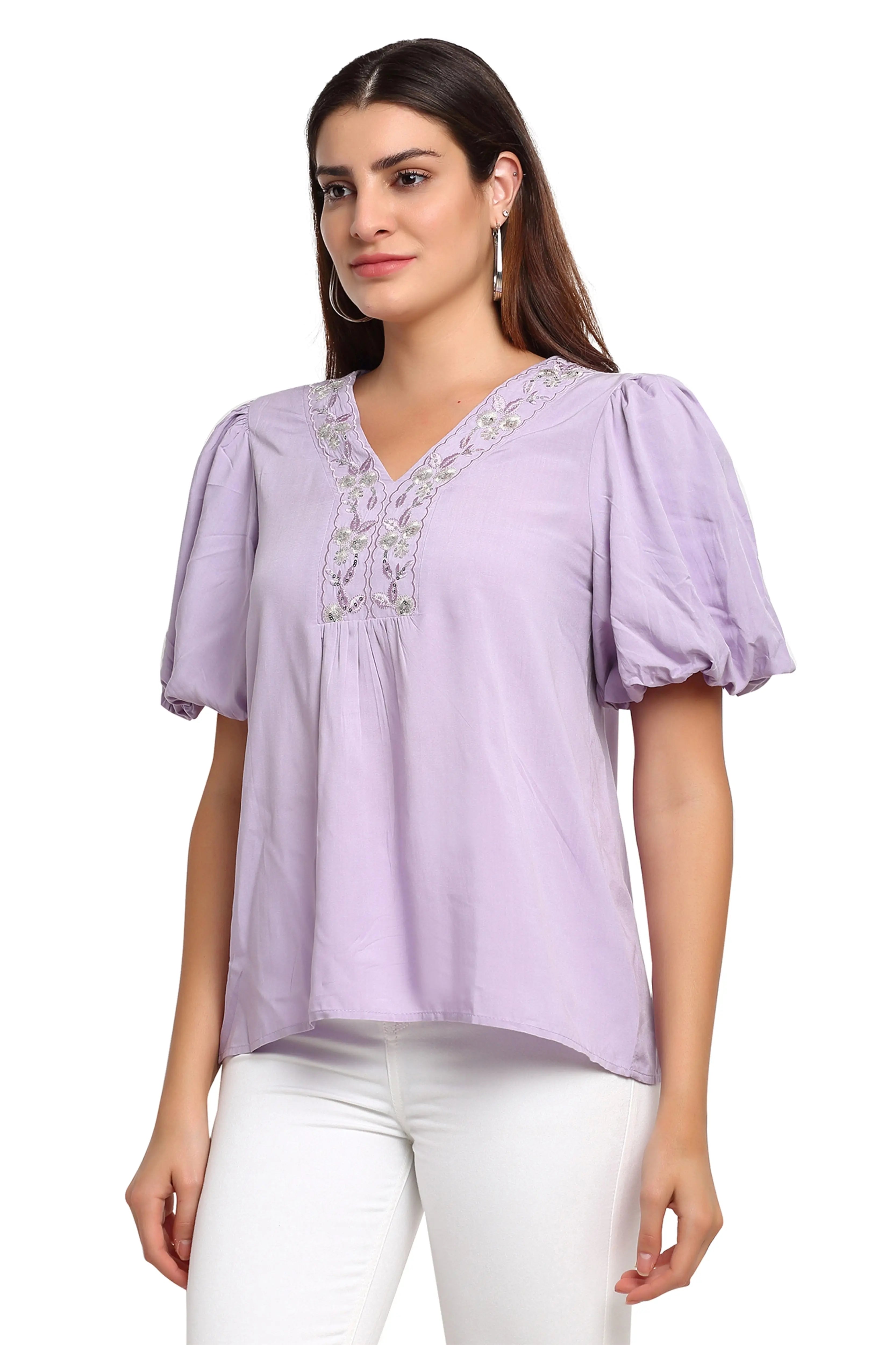 Purple Viscose Rayon Puffed Sleeves Top - Global Republic