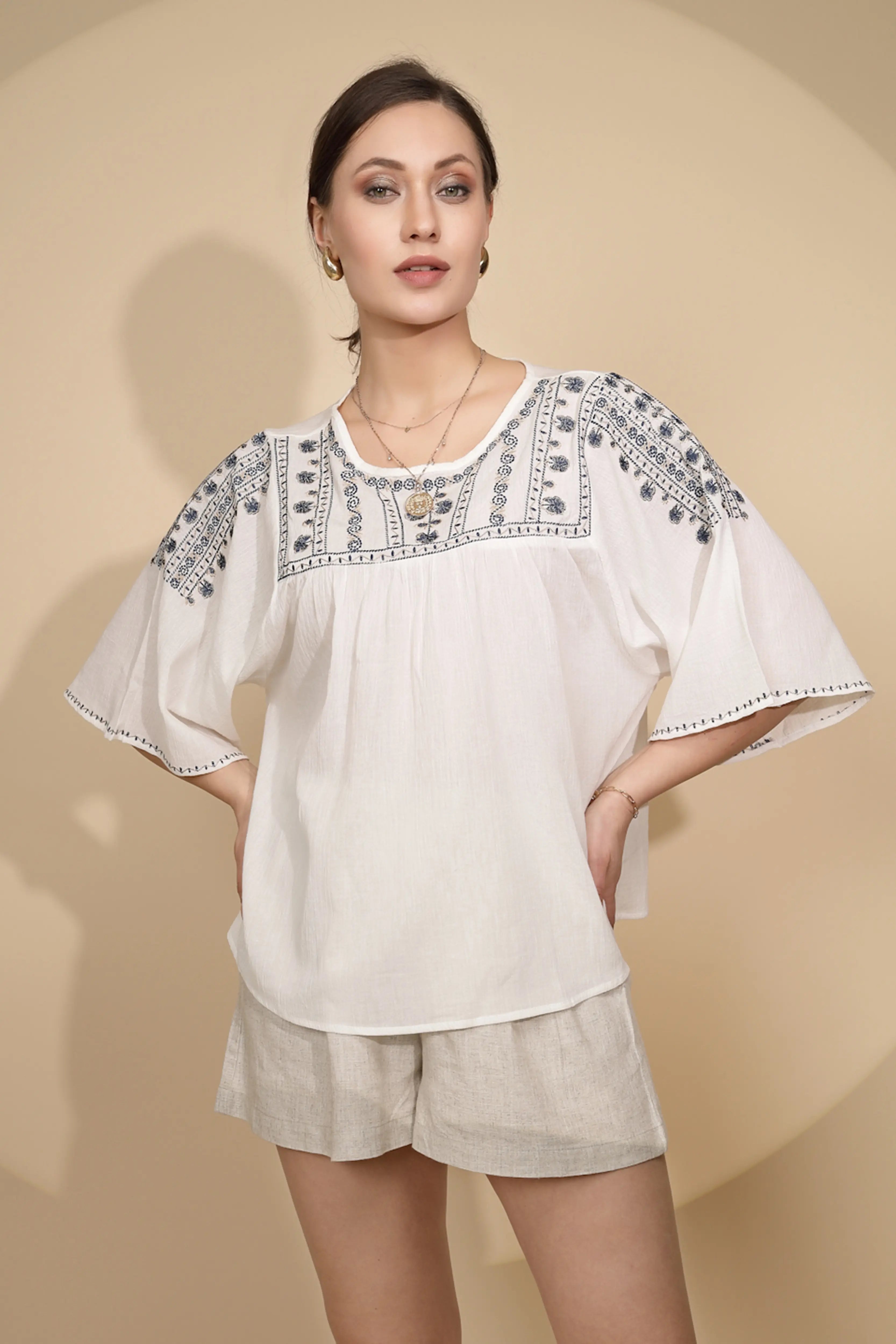 White Embroidered Cotton Loose Top - Global Republic