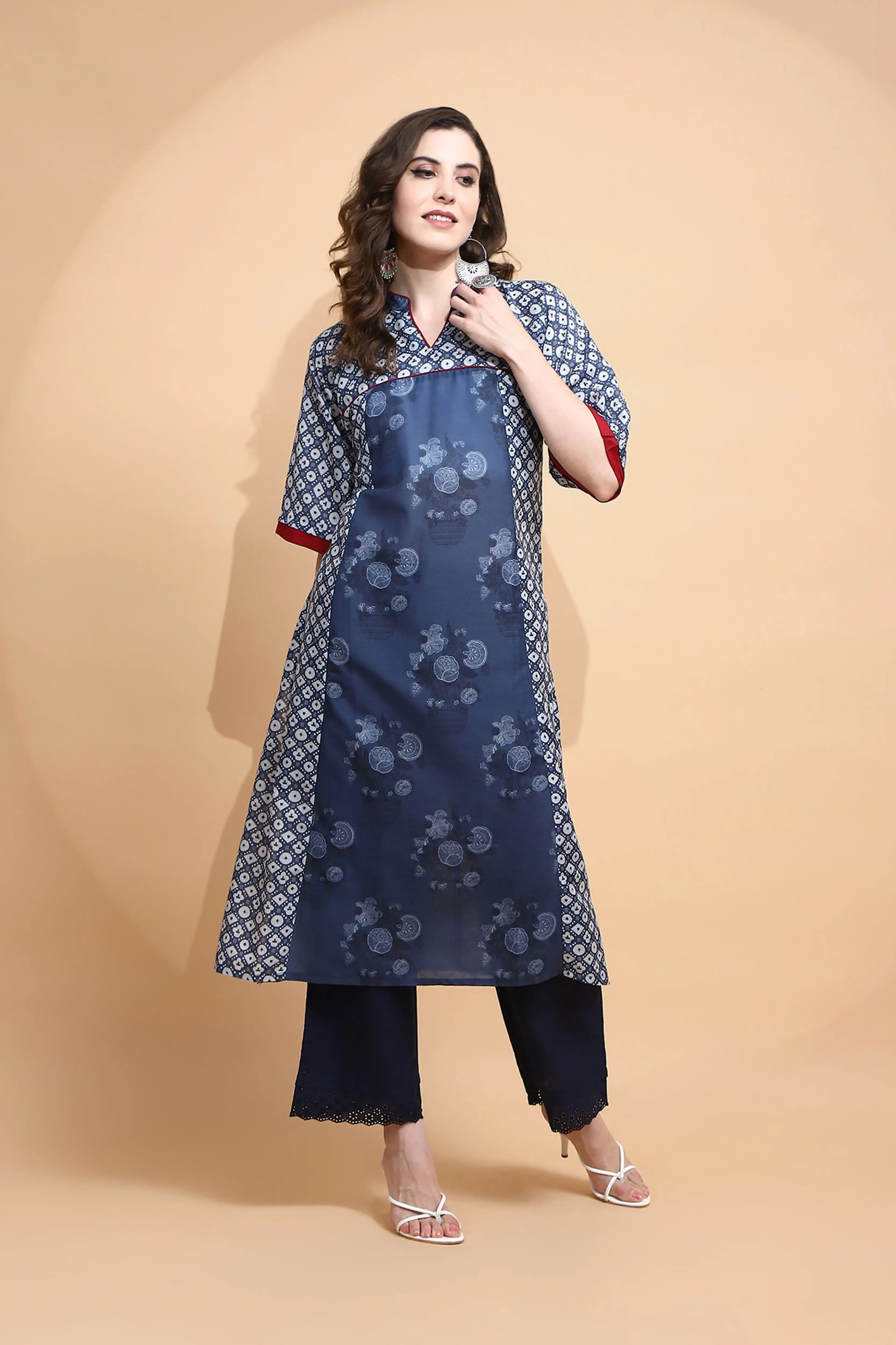 Blue Printed Cotton Blend Kurta - Global Republic