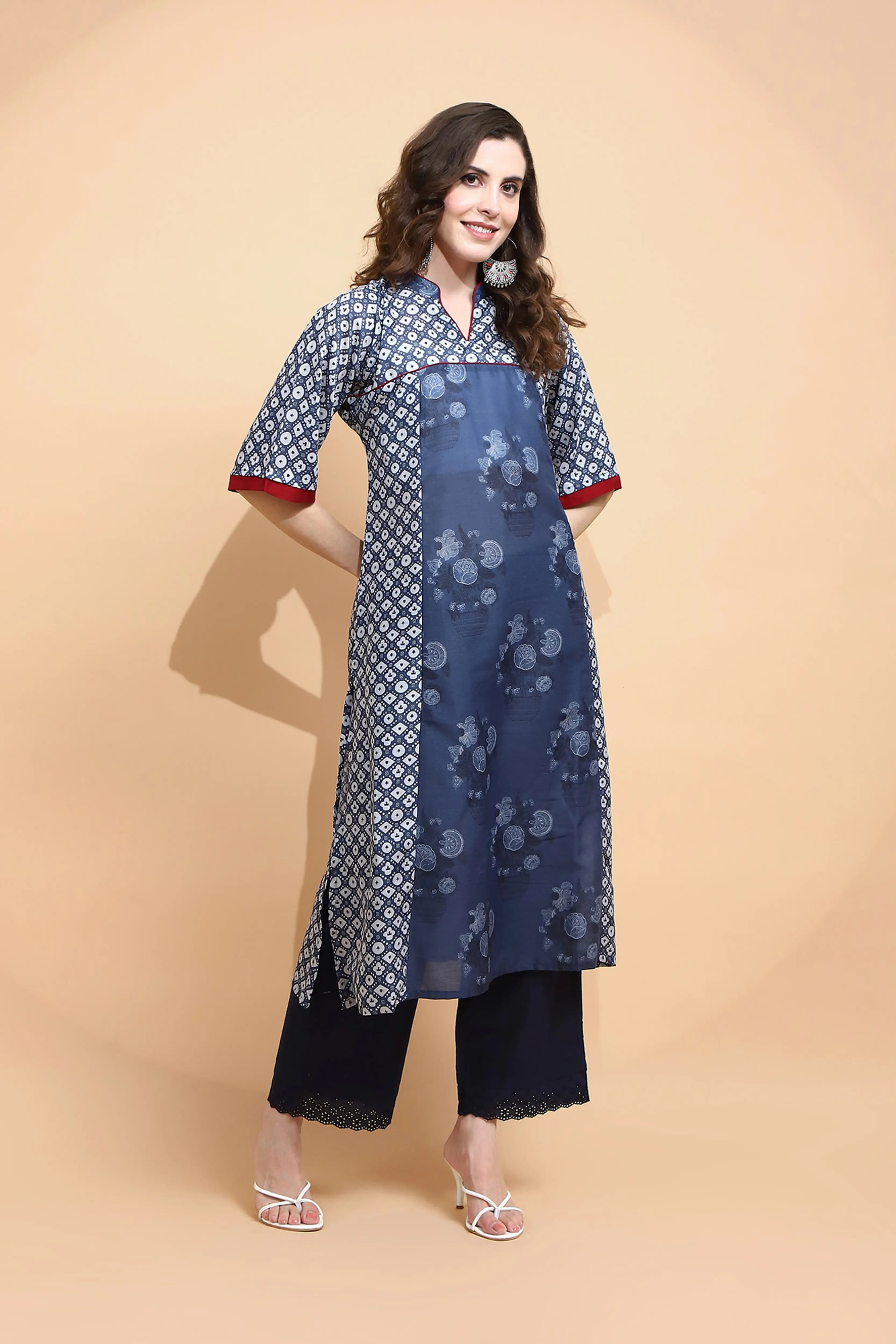 Blue Printed Cotton Blend Kurta - Global Republic