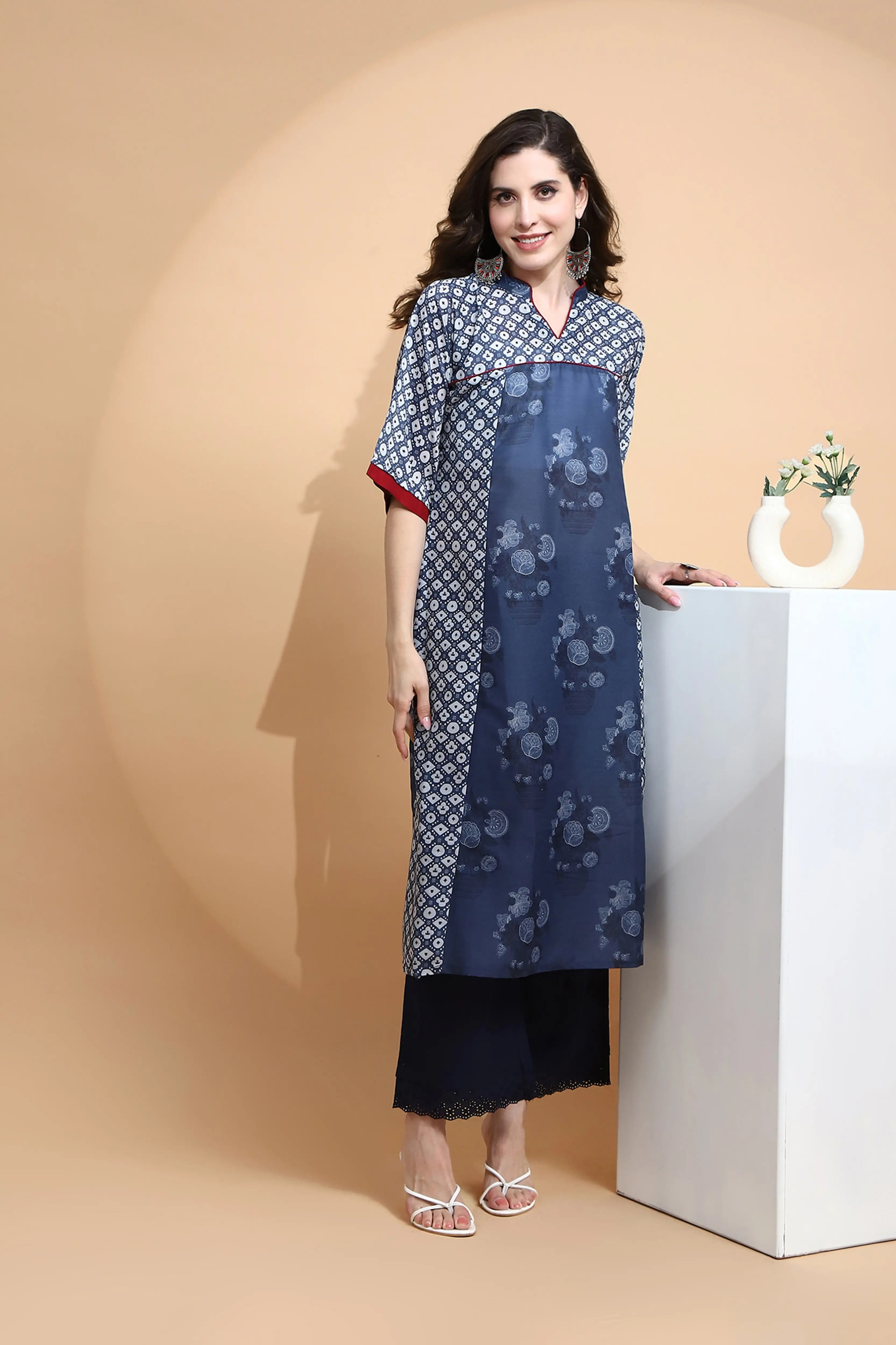 Blue Printed Cotton Blend Kurta