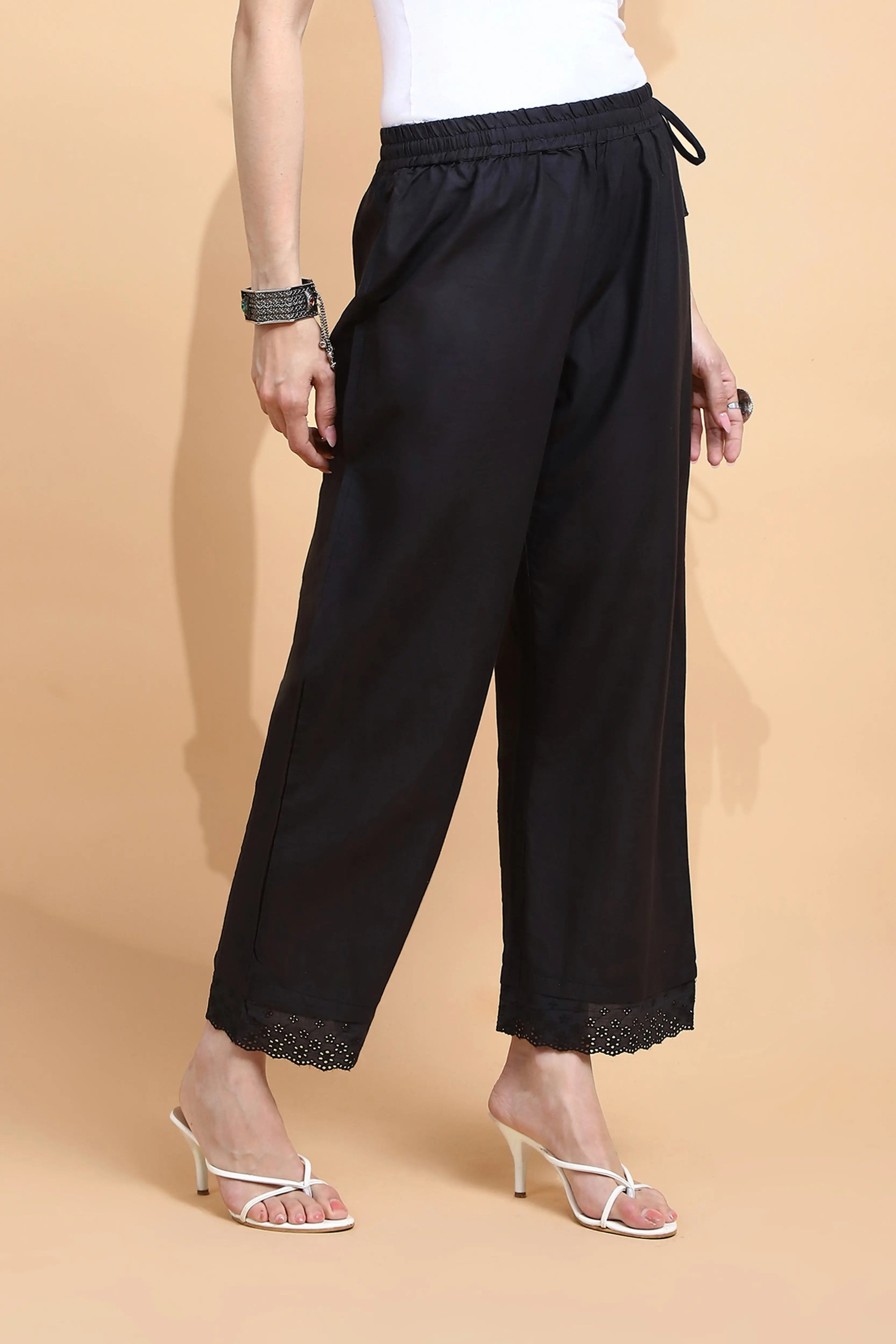 Black Cotton Loose Fit Palazzo - Global Republic