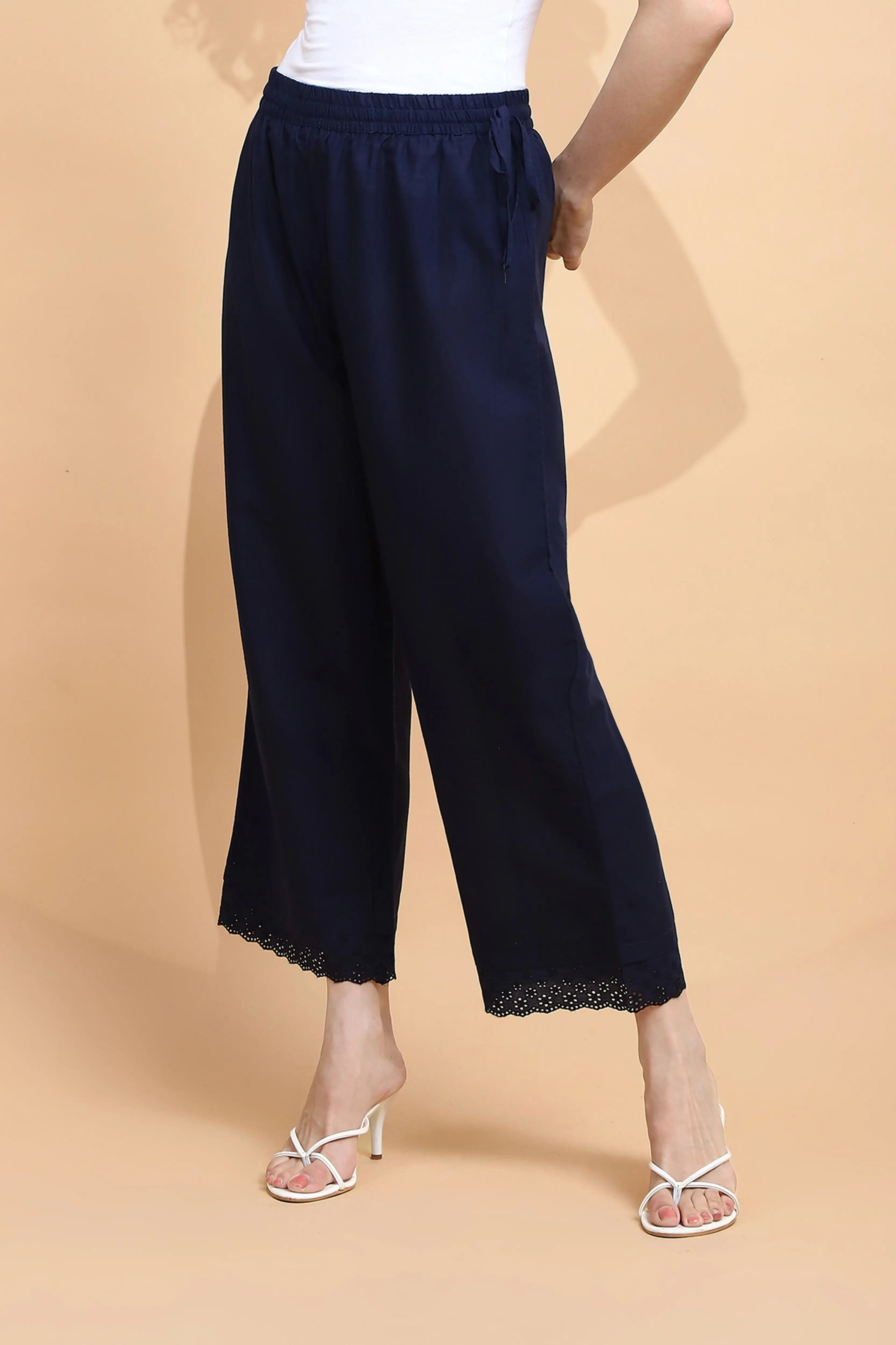 Navy Blue Cotton Loose Fit Palazzo - Global Republic