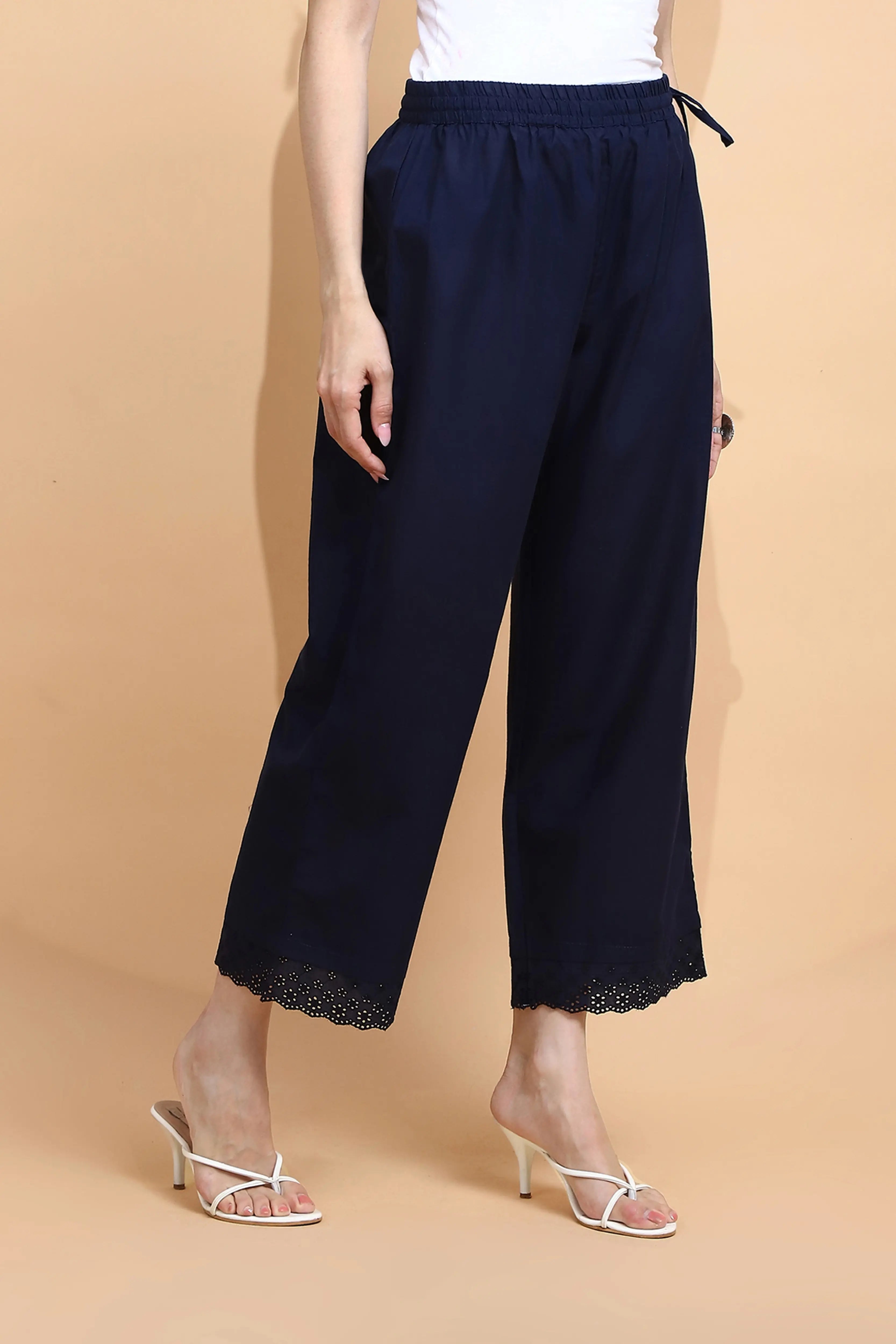 Navy Blue Cotton Loose Fit Palazzo - Global Republic
