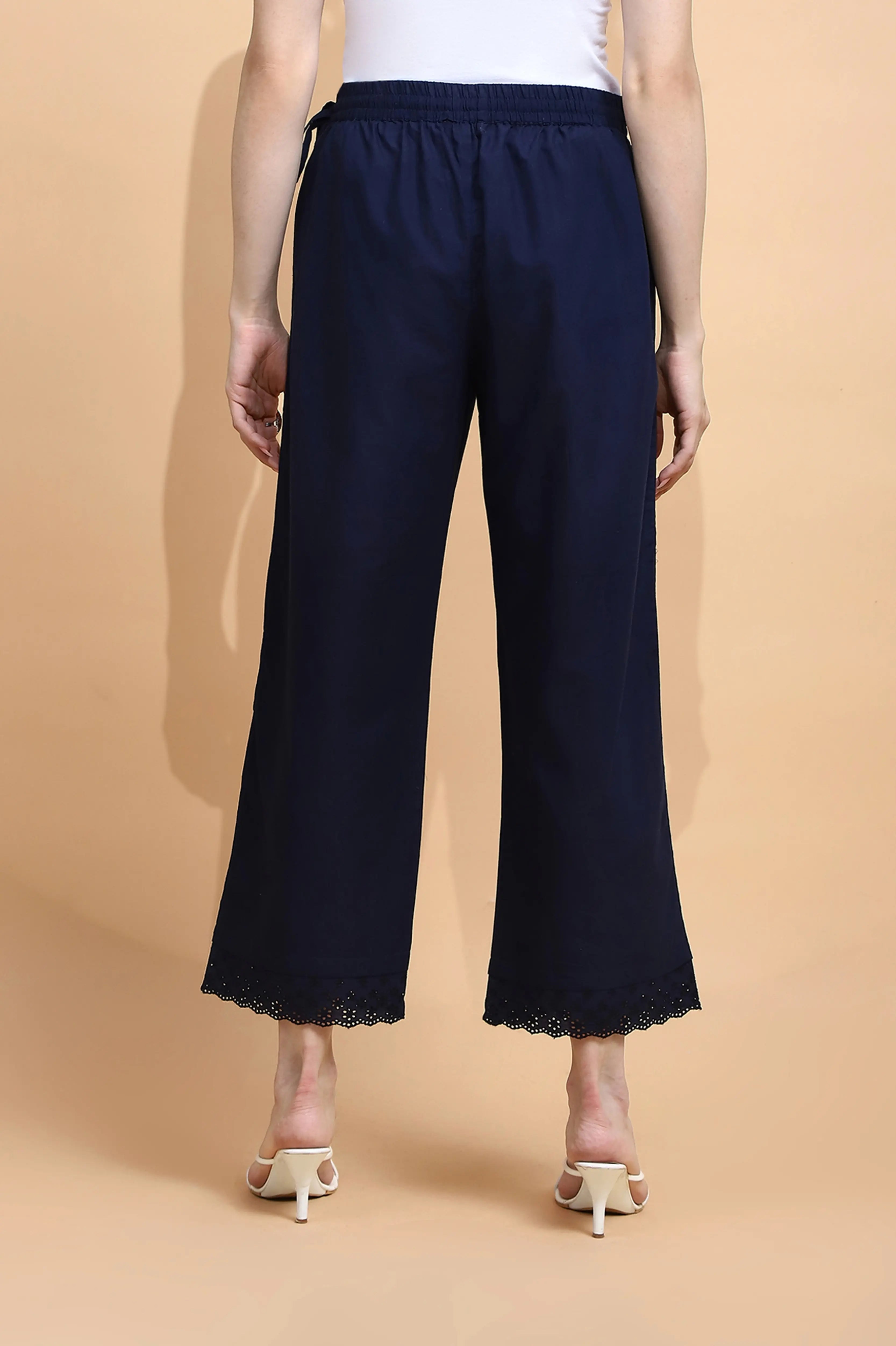 Navy Blue Cotton Loose Fit Palazzo - Global Republic