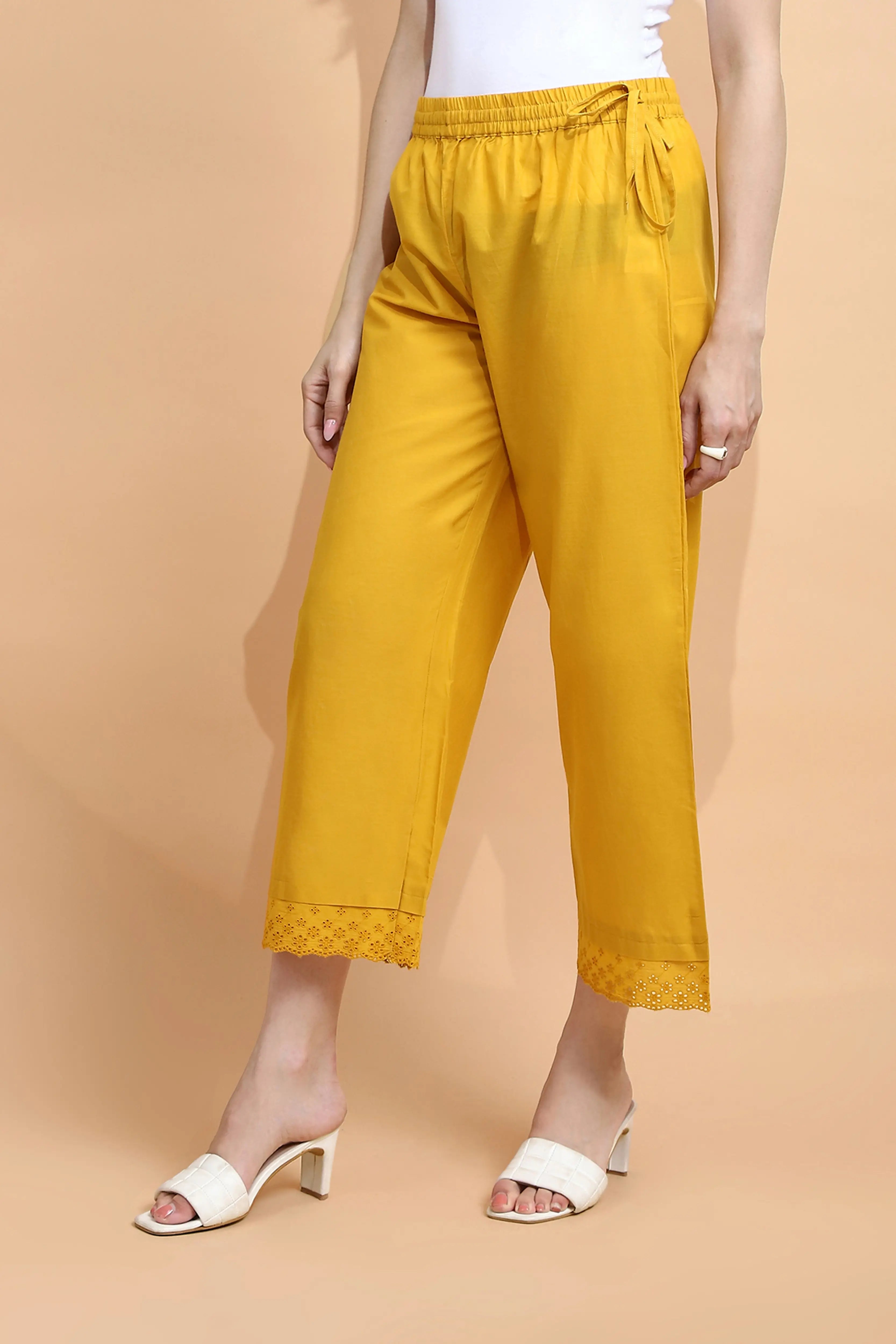 Mustard Cotton Loose Fit Palazzo - Global Republic