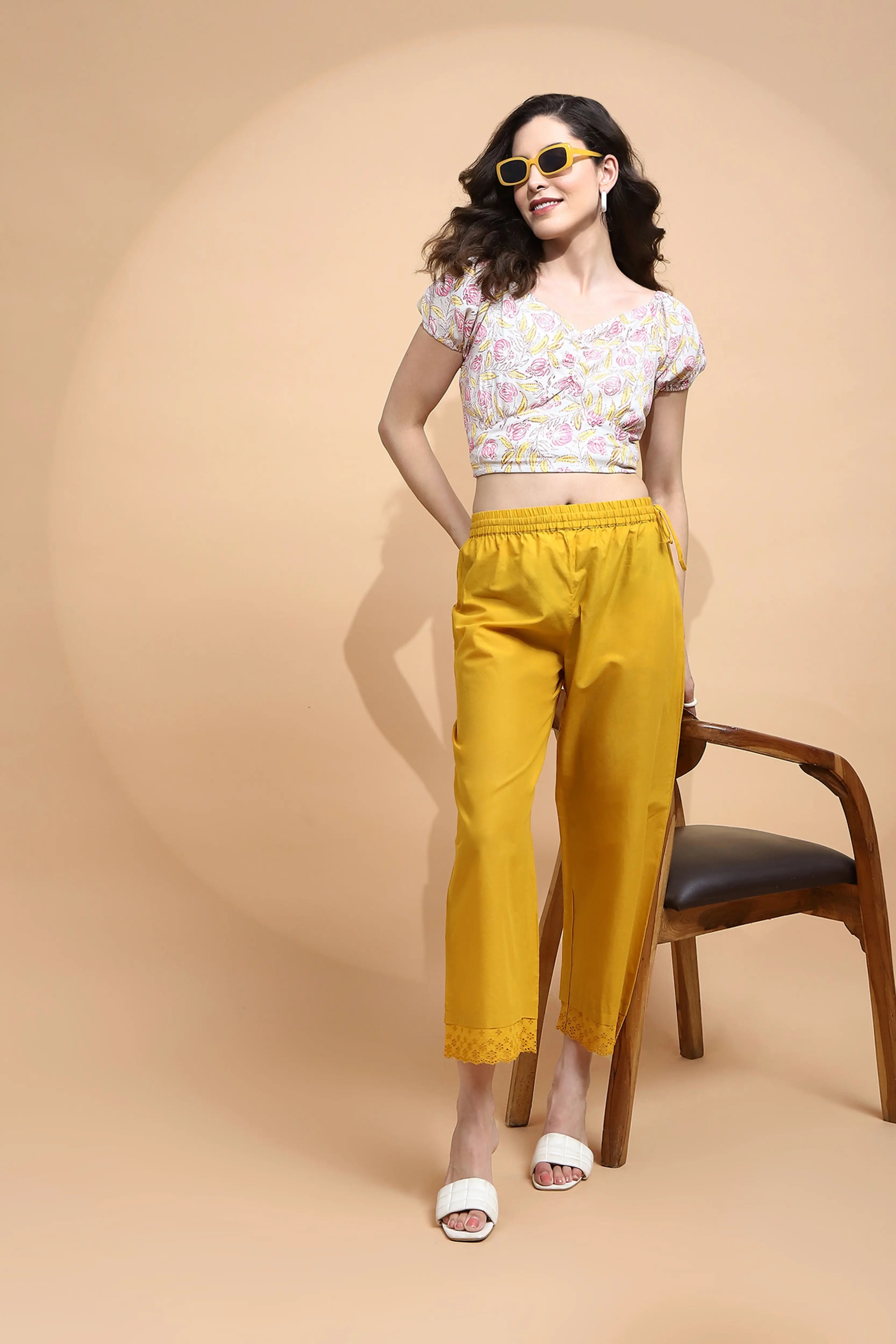 Mustard Cotton Loose Fit Palazzo - Global Republic