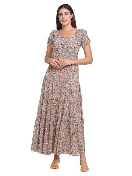 Women Multicolor Square Neck Long Length Dress
